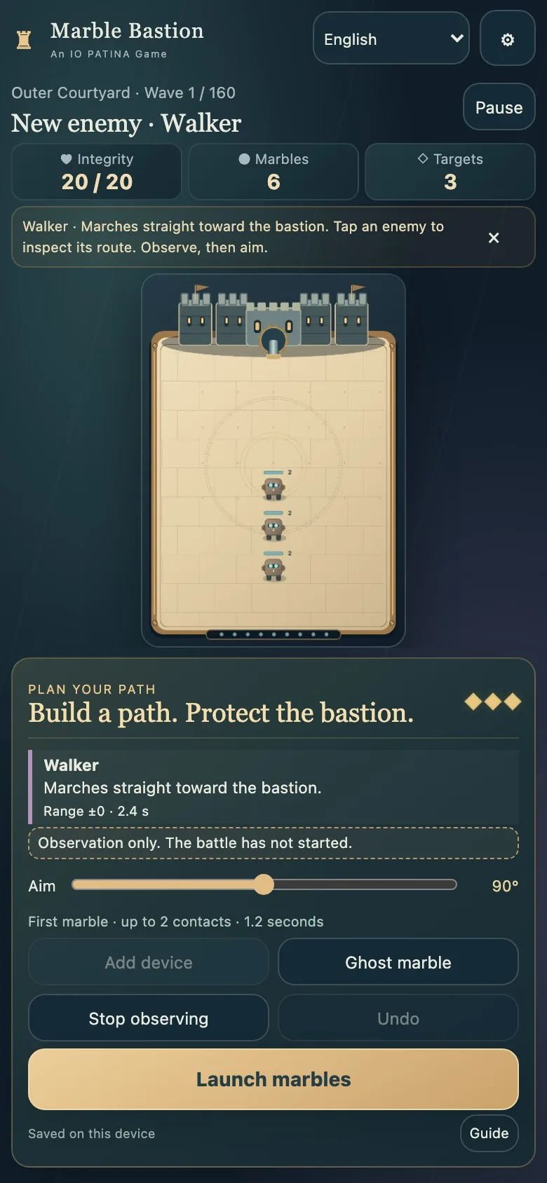 Marble Bastion on a phone screen, with the board above the device controls