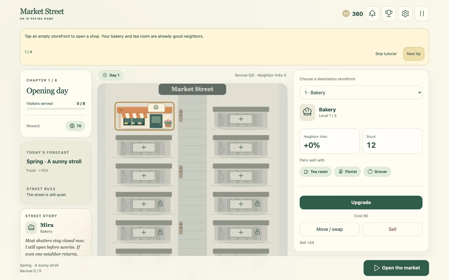 The street on a desktop screen, with the goal card, the row of shops and the shop panel