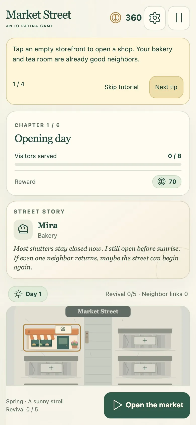 Market Street on a phone screen, with the street above the shop panel