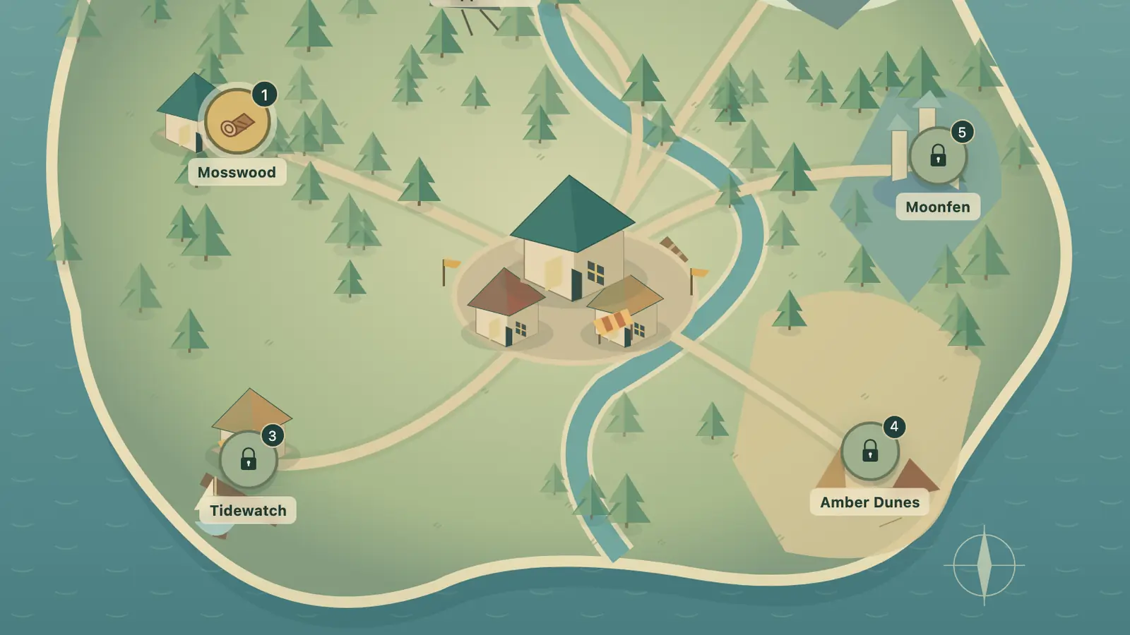 Merchant Guild: forest paths and a winding river surround a central guild building, with locks marking outlying sites