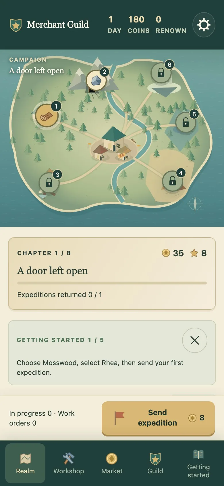 Merchant Guild on a phone screen, with the section tabs along the bottom