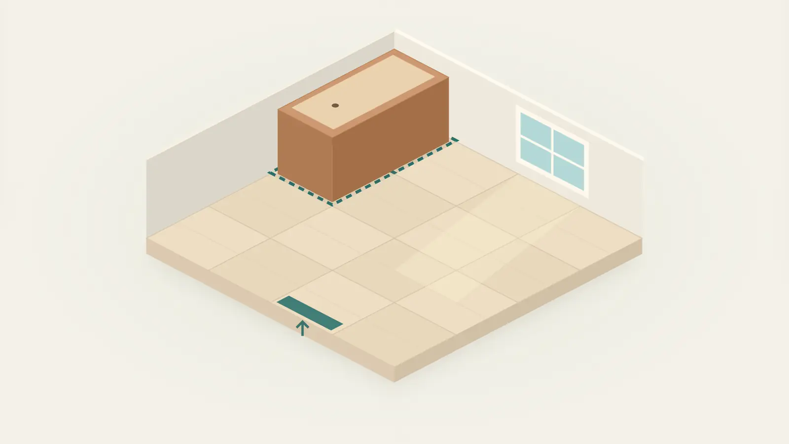 Micro Apartment Architect: a brown furniture block stands in an isometric room with cream floor tiles and a blue window