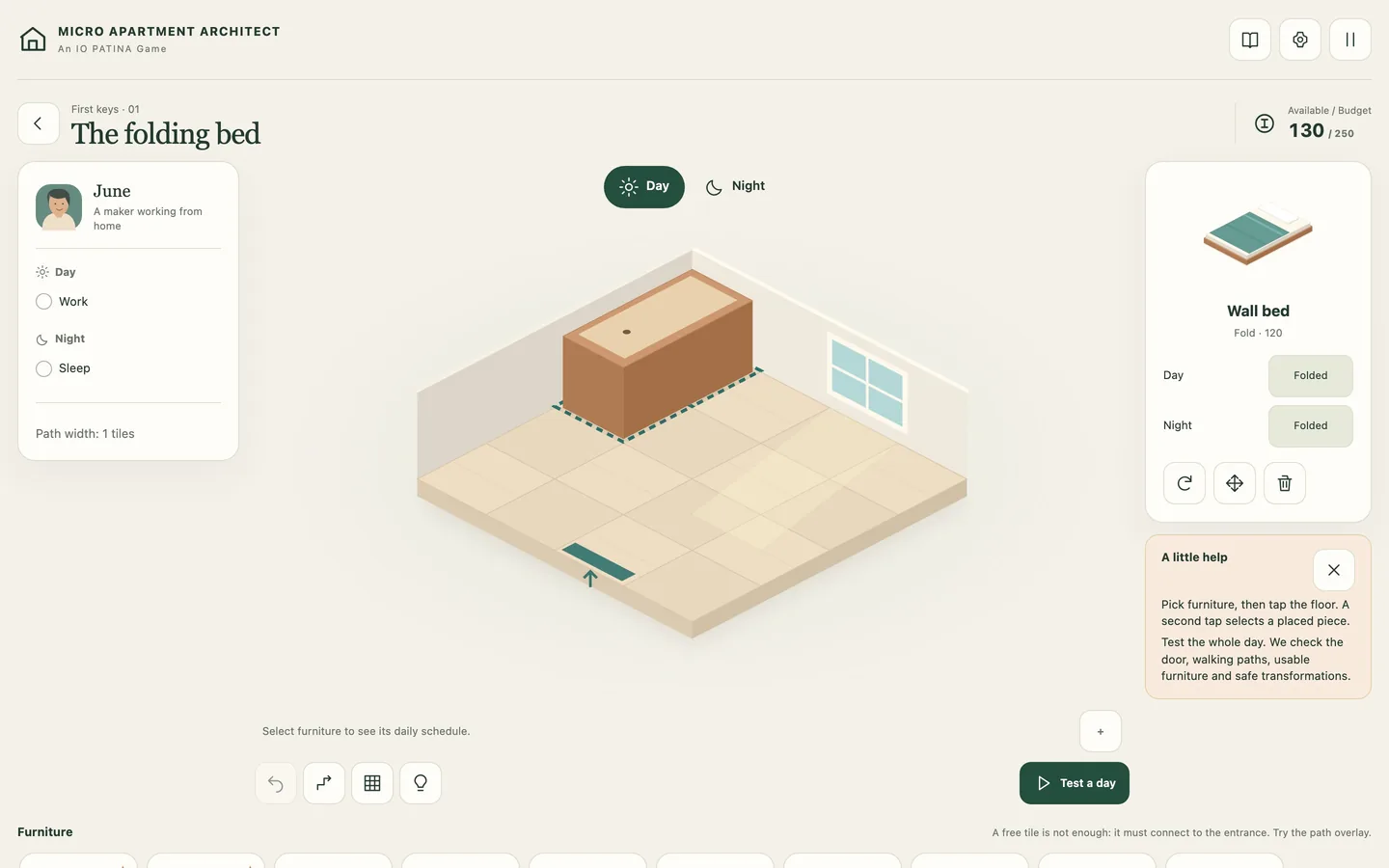 The floor plan on a desktop screen, with the furniture list, budget and day-night switch