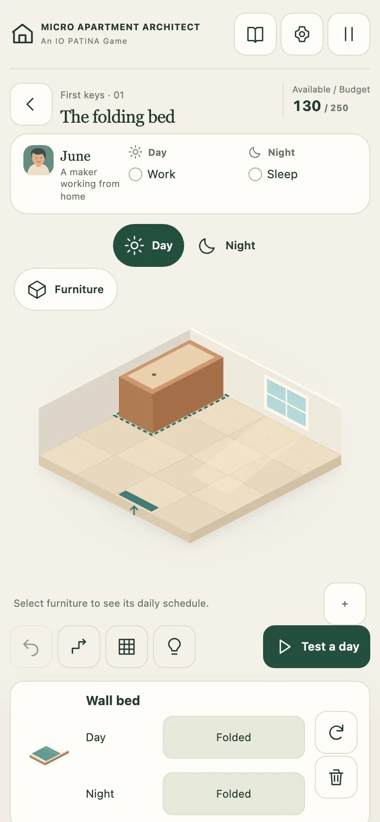 Micro Apartment Architect on a phone screen, with the furniture drawer opened from a button