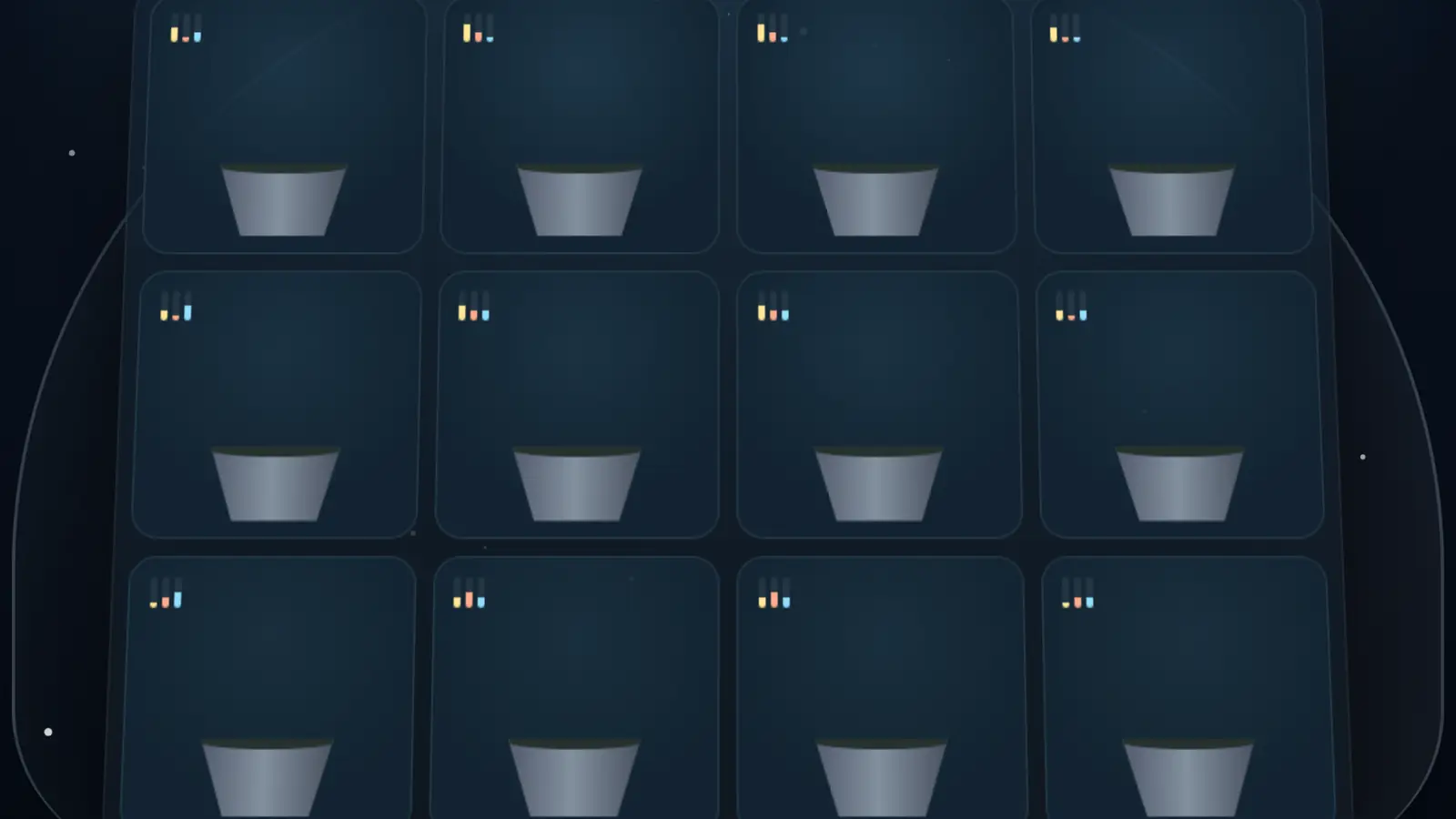 Moon Garden: twelve gray pots in a four-column grid of dark blue compartments with tiny colored bars.