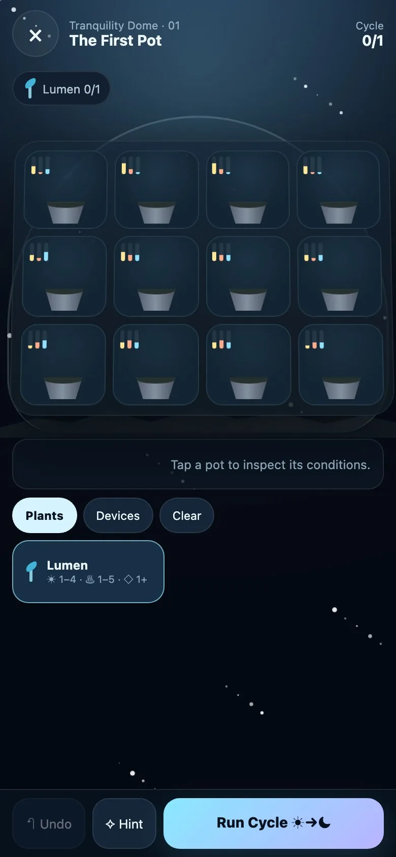 Moon Garden on a phone screen, with the dome and trays stacked in one column
