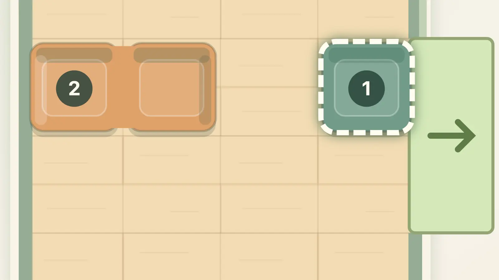 Moving Day: an orange sofa and a green chair on a pale tiled grid beside a green doorway with a right arrow.