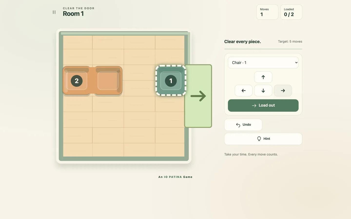 A desktop screen showing the first room: a two-cell sofa and chair by a glowing doorway, with the board on the left and controls on the right