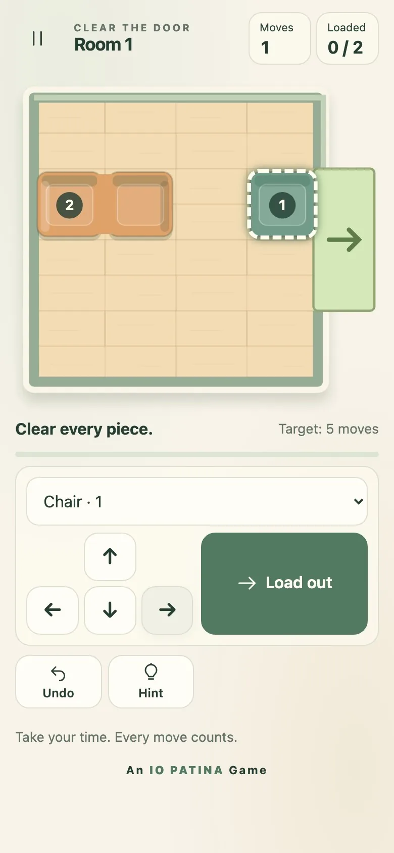 Moving Day on a phone screen, with the board above and controls stacked below in one column