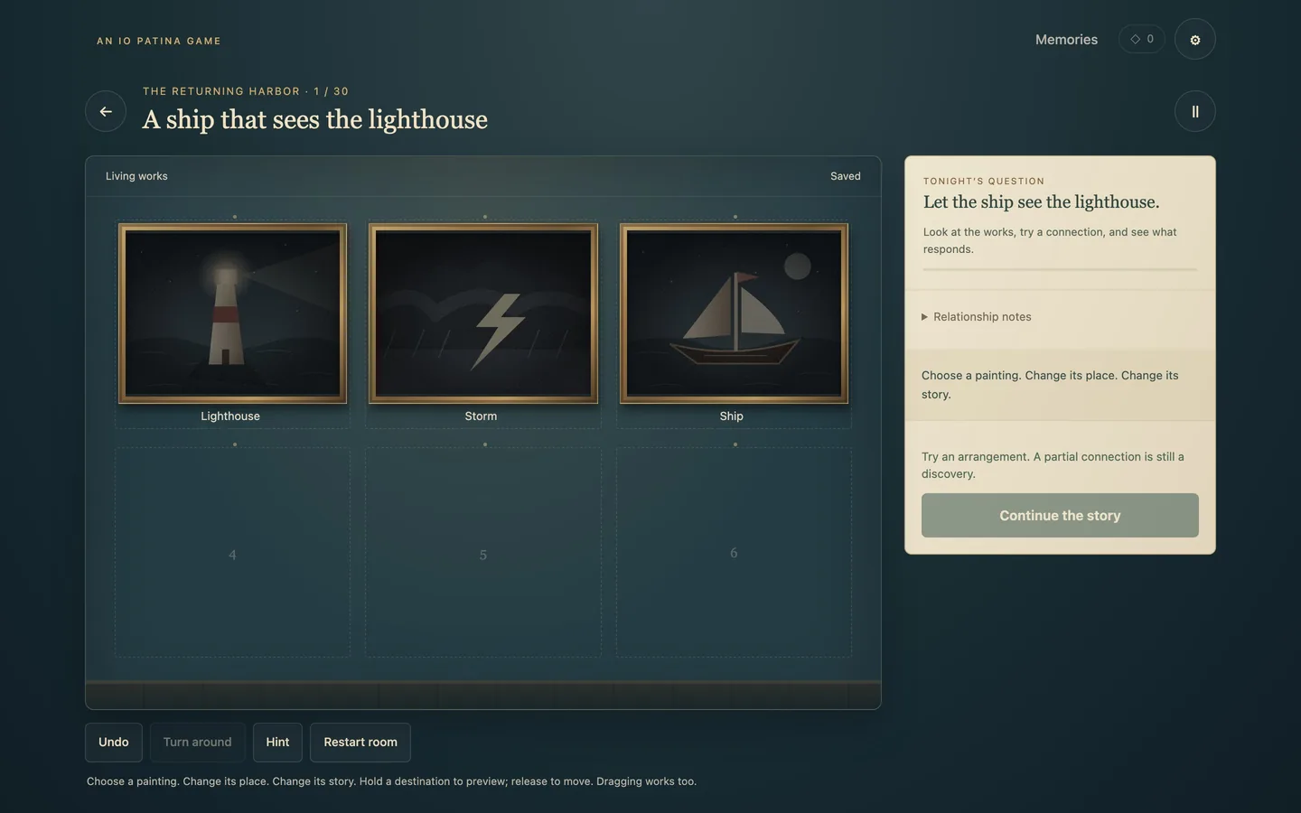 A gallery room on a desktop screen, with the painting wall on the left and the list of clues on the right