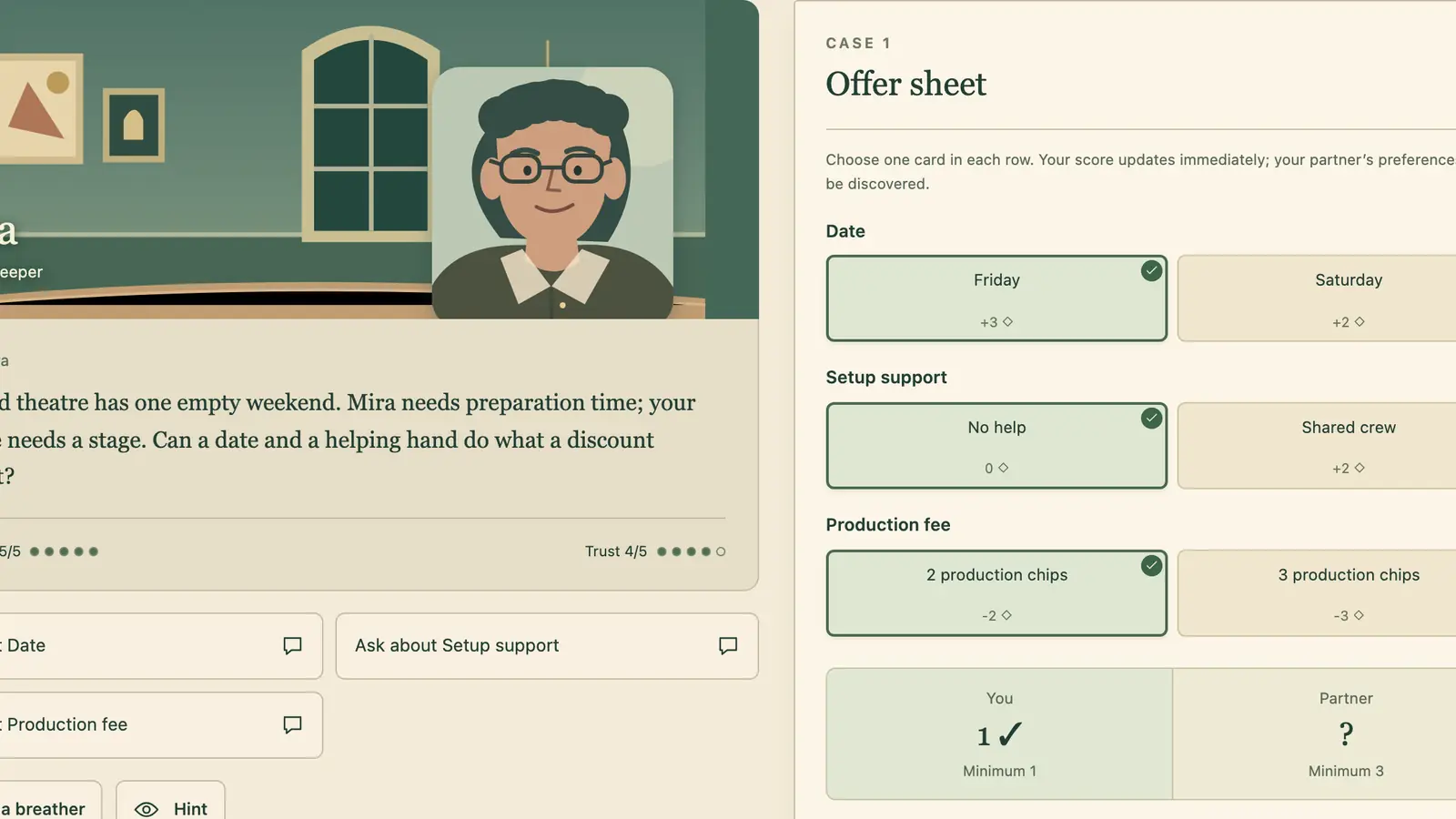 Negotiation Room: a bespectacled character in a green room beside an offer sheet with date, support and fee choices.