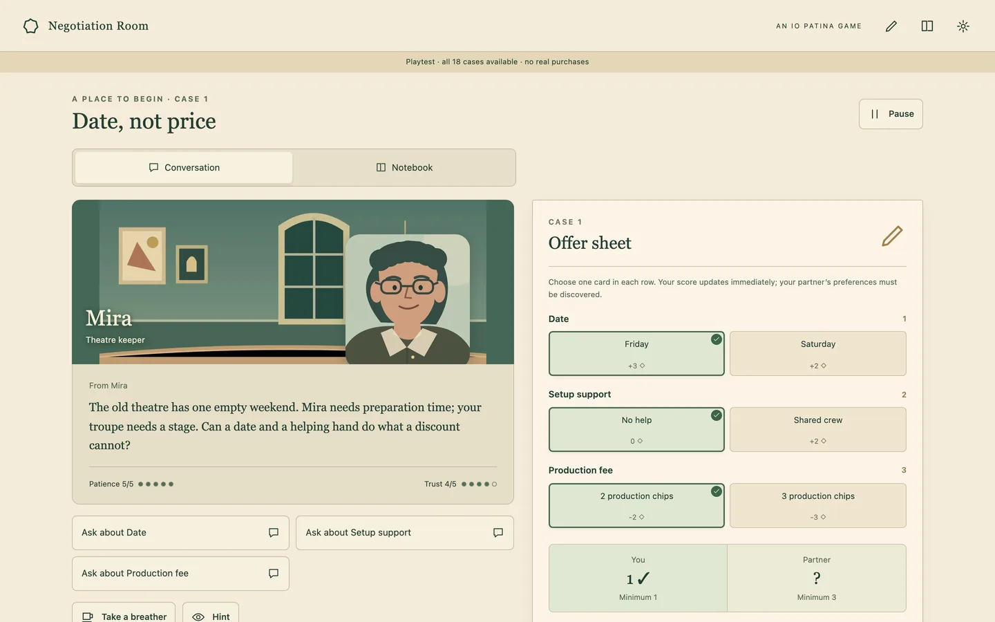 A negotiation on a desktop screen, with the partner's portrait, the conversation and the offer sheet side by side