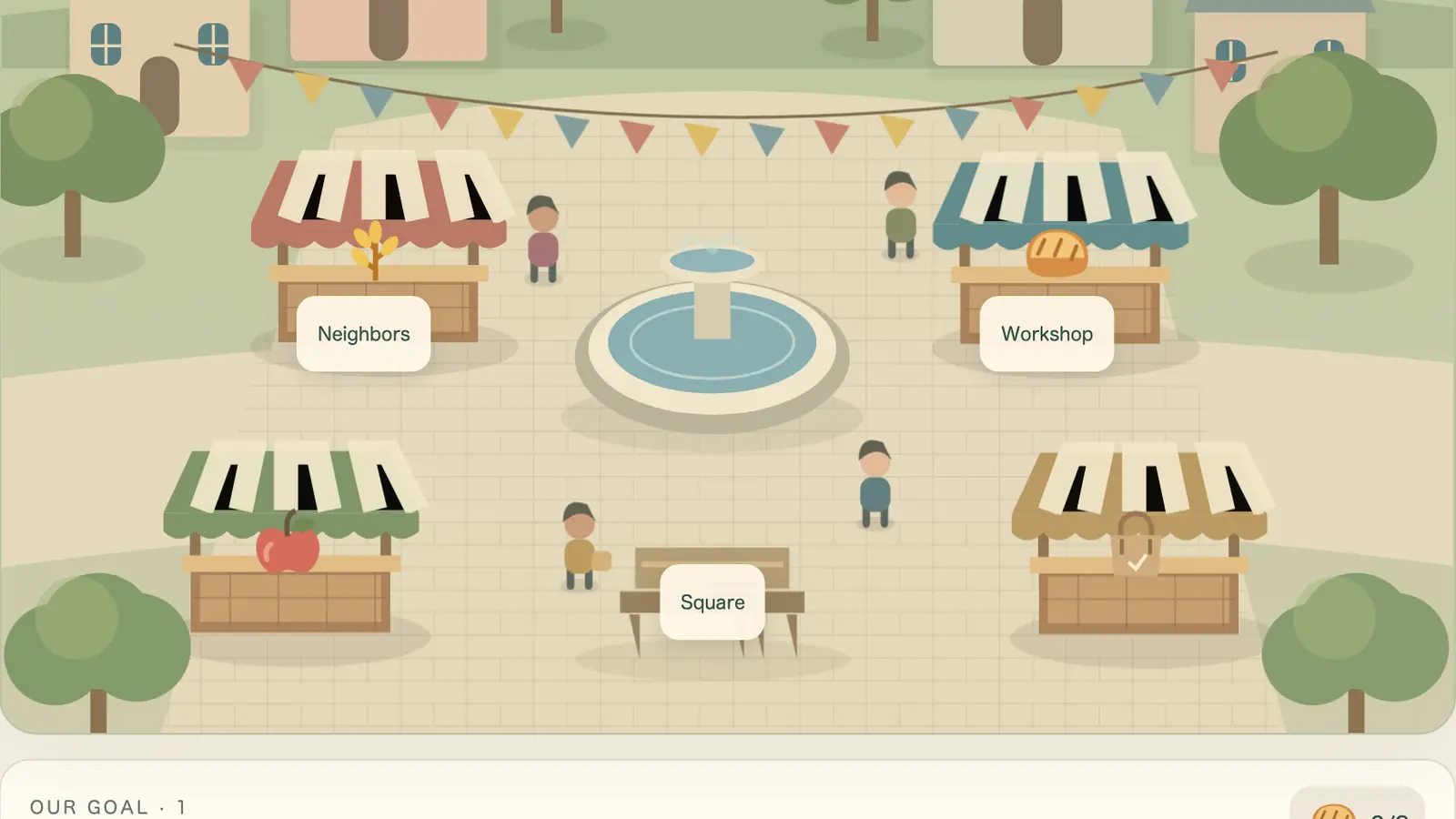 Neighborhood Market: four striped stalls around a blue fountain, with people, trees and bunting in a paved square.