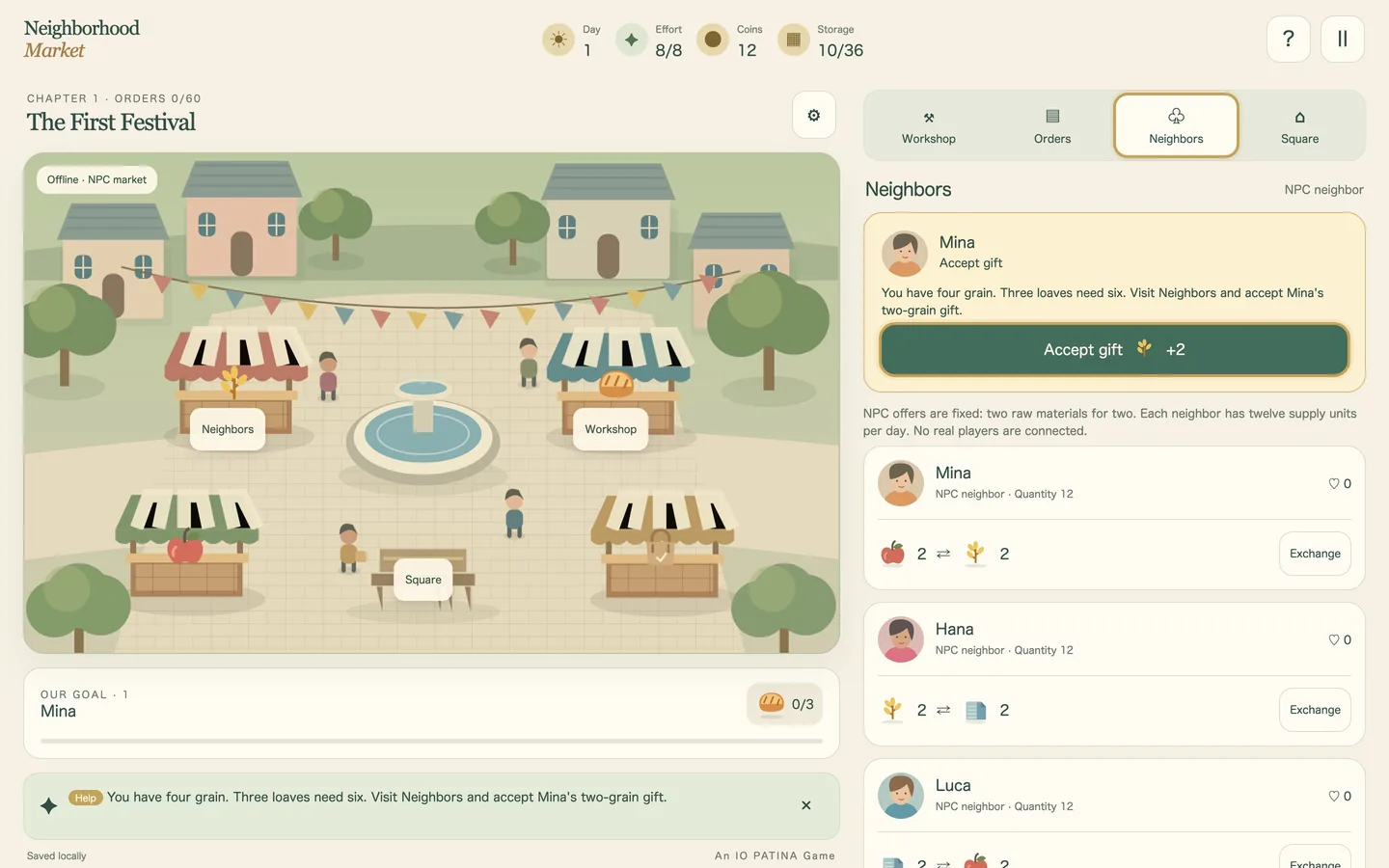 The market square on a desktop screen, with the day, effort and coin counters beside the workshop tab