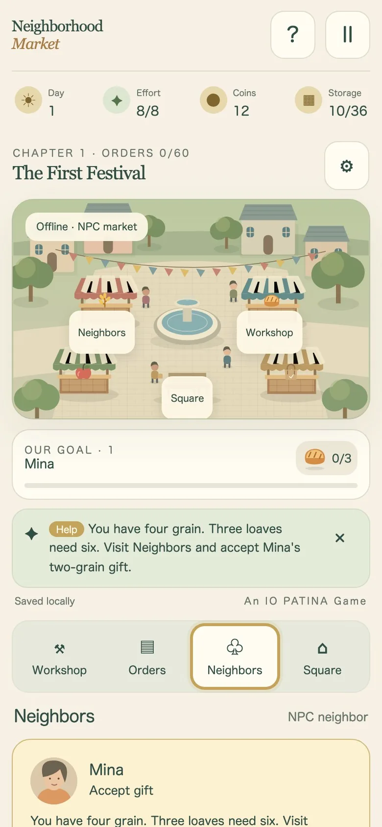 Neighborhood Market on a phone screen, with the square, tabs and workshop stacked in one column