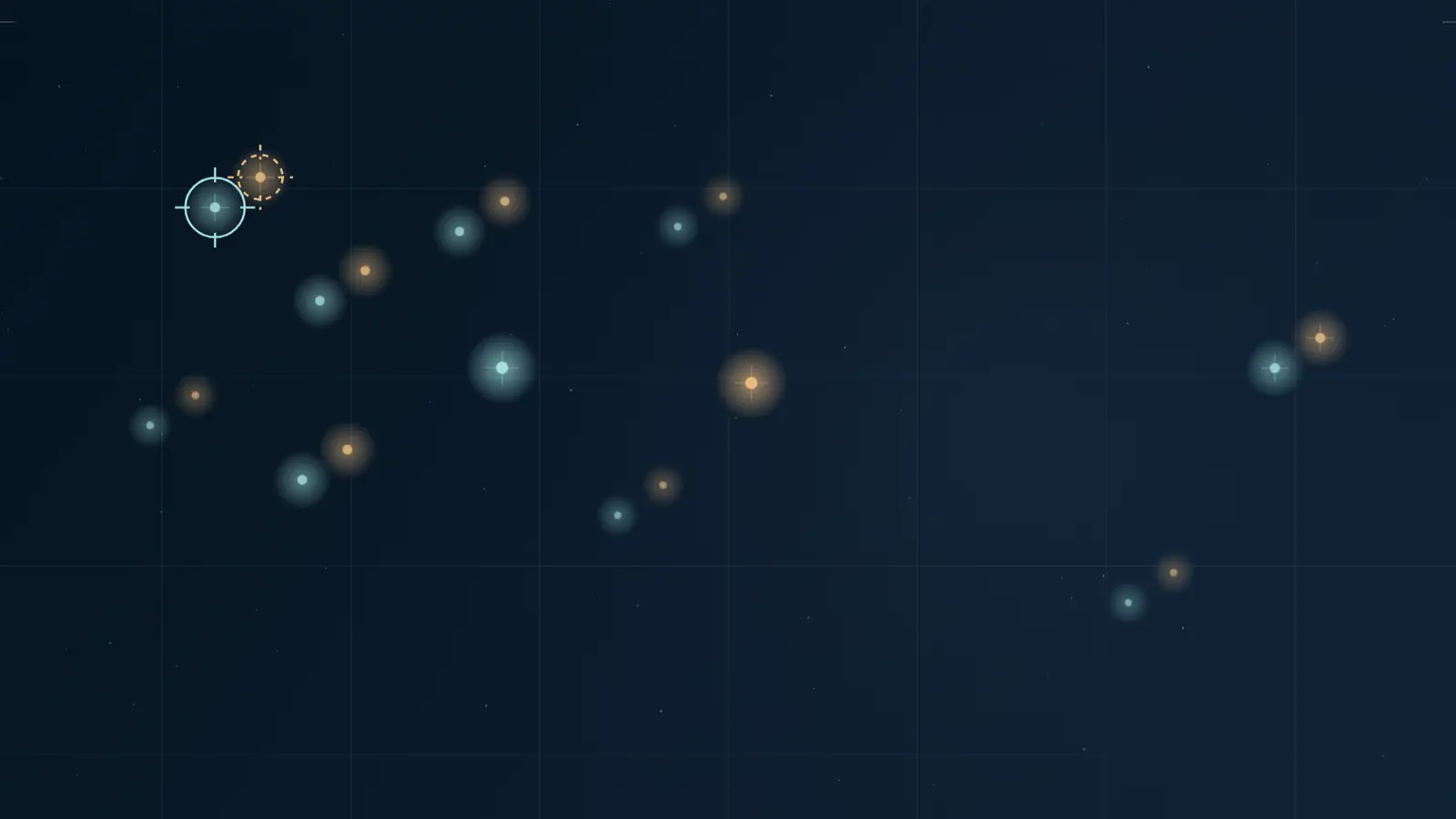 Observatory: cyan and amber stars scattered across a dark blue grid, with circular markers around two nearby stars.