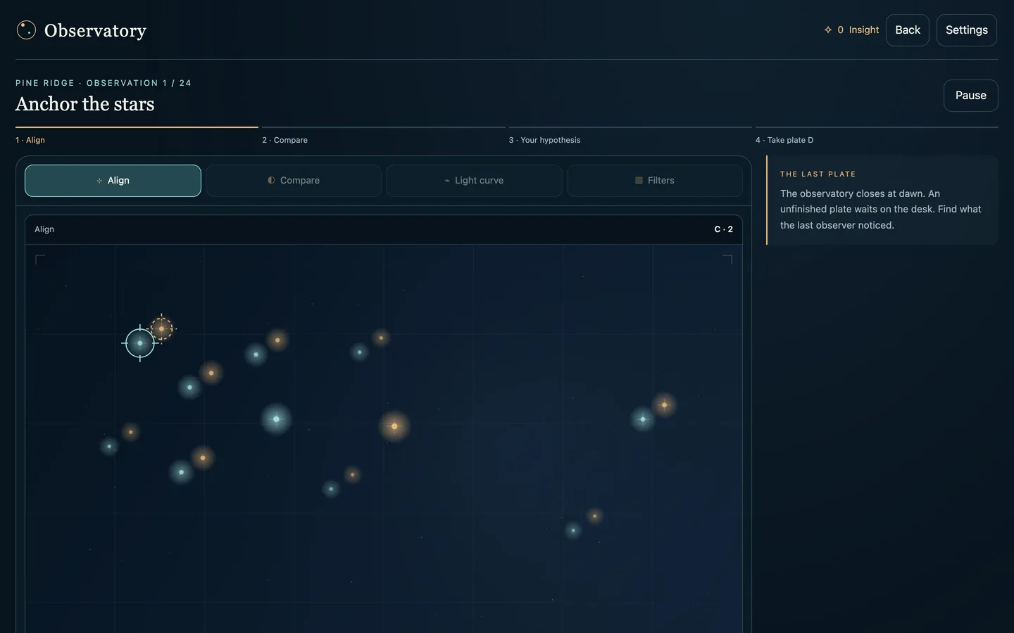 The observing desk on a desktop screen, showing a star plate, the plate controls and the evidence tools