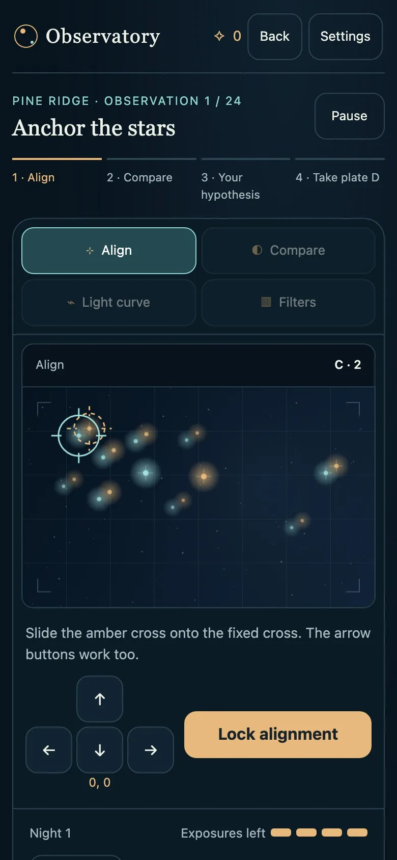 Observatory on a phone screen, with the star plate and controls stacked in one column