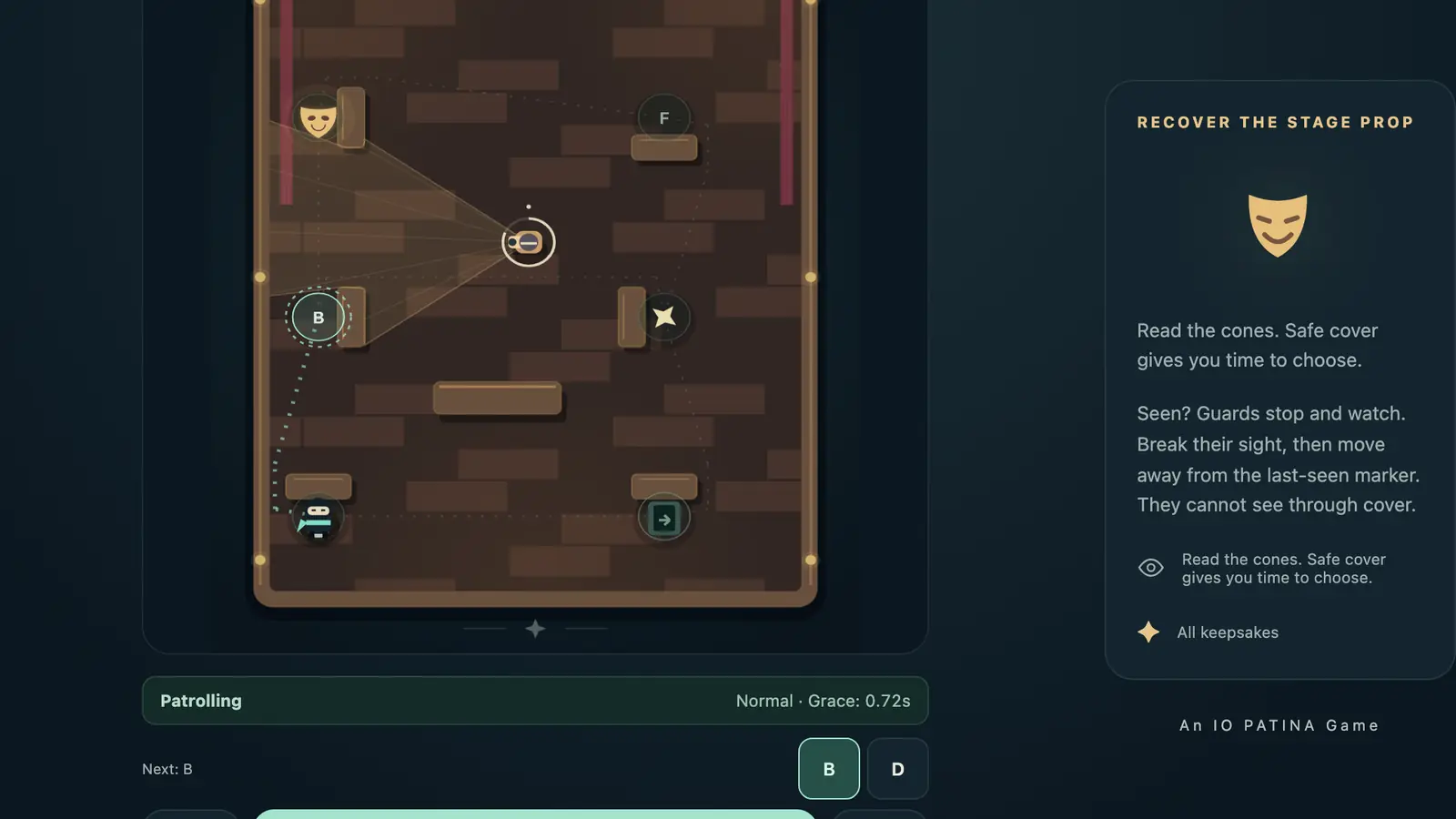 One-Thumb Heist: a narrow brick-floored room with brown obstacles, guard sight cones, a gold mask and a small teal figure.
