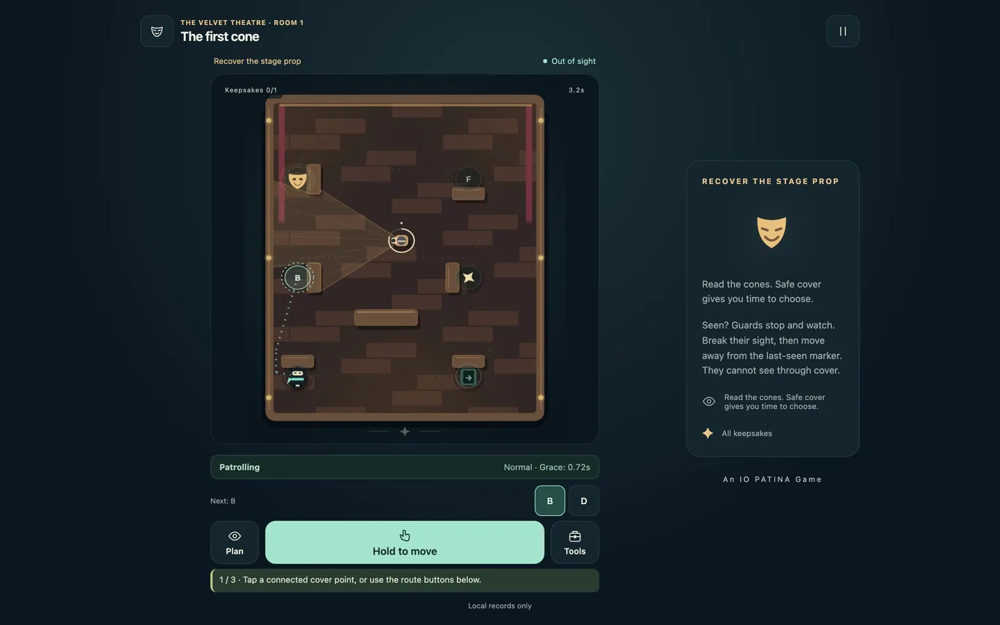 A Velvet Theatre room on a desktop screen, with the board, route buttons and a side panel showing the objective
