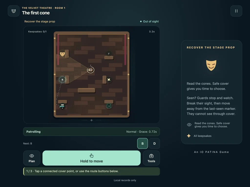 One-Thumb Heist on a tablet-width screen, with guard sight cones and the hold-to-move control