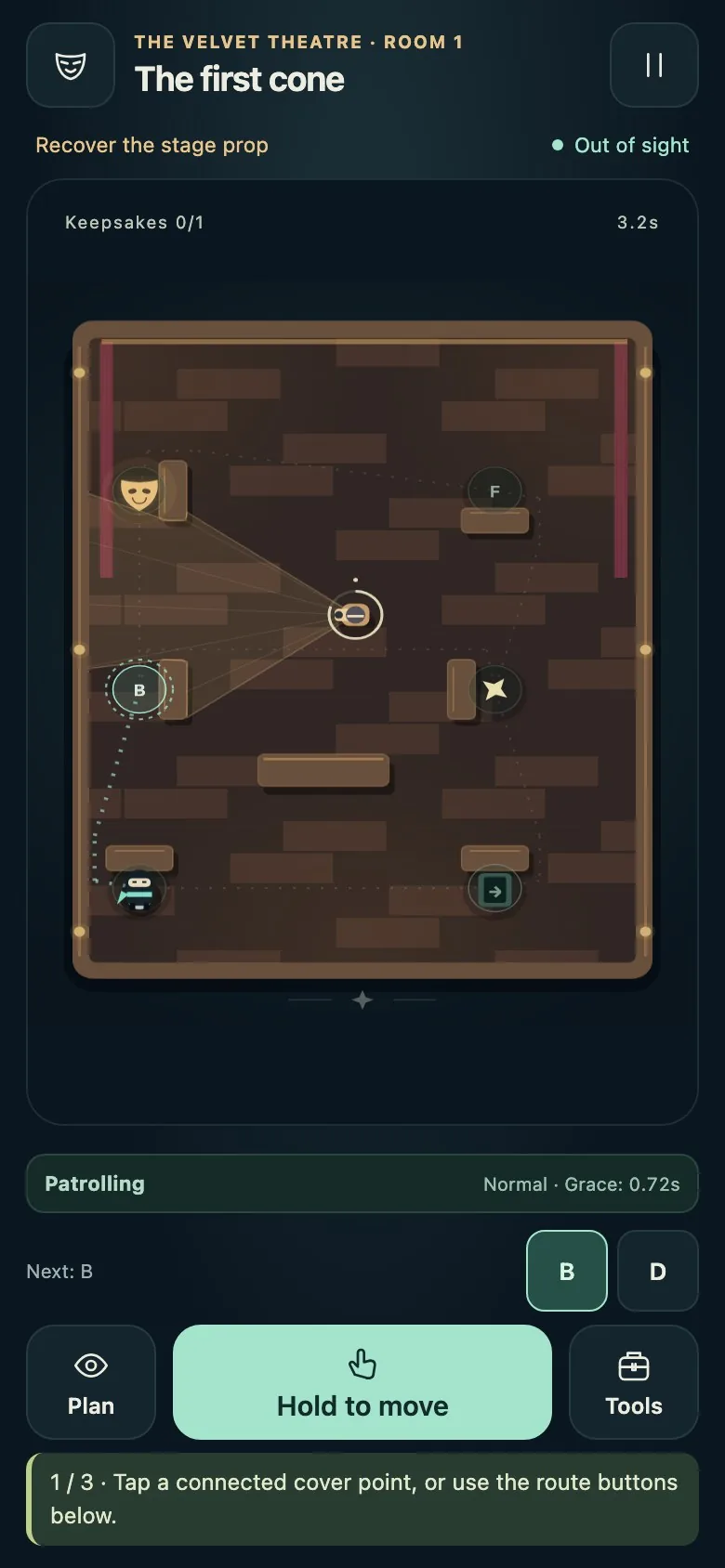 One-Thumb Heist on a phone screen, with the board above the Plan, Hold to move and Tools buttons