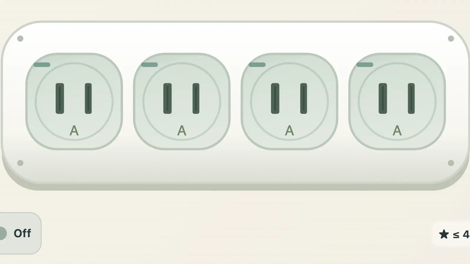 Outlet Jam: four empty pale green sockets labeled A in a row on a rounded white power strip.