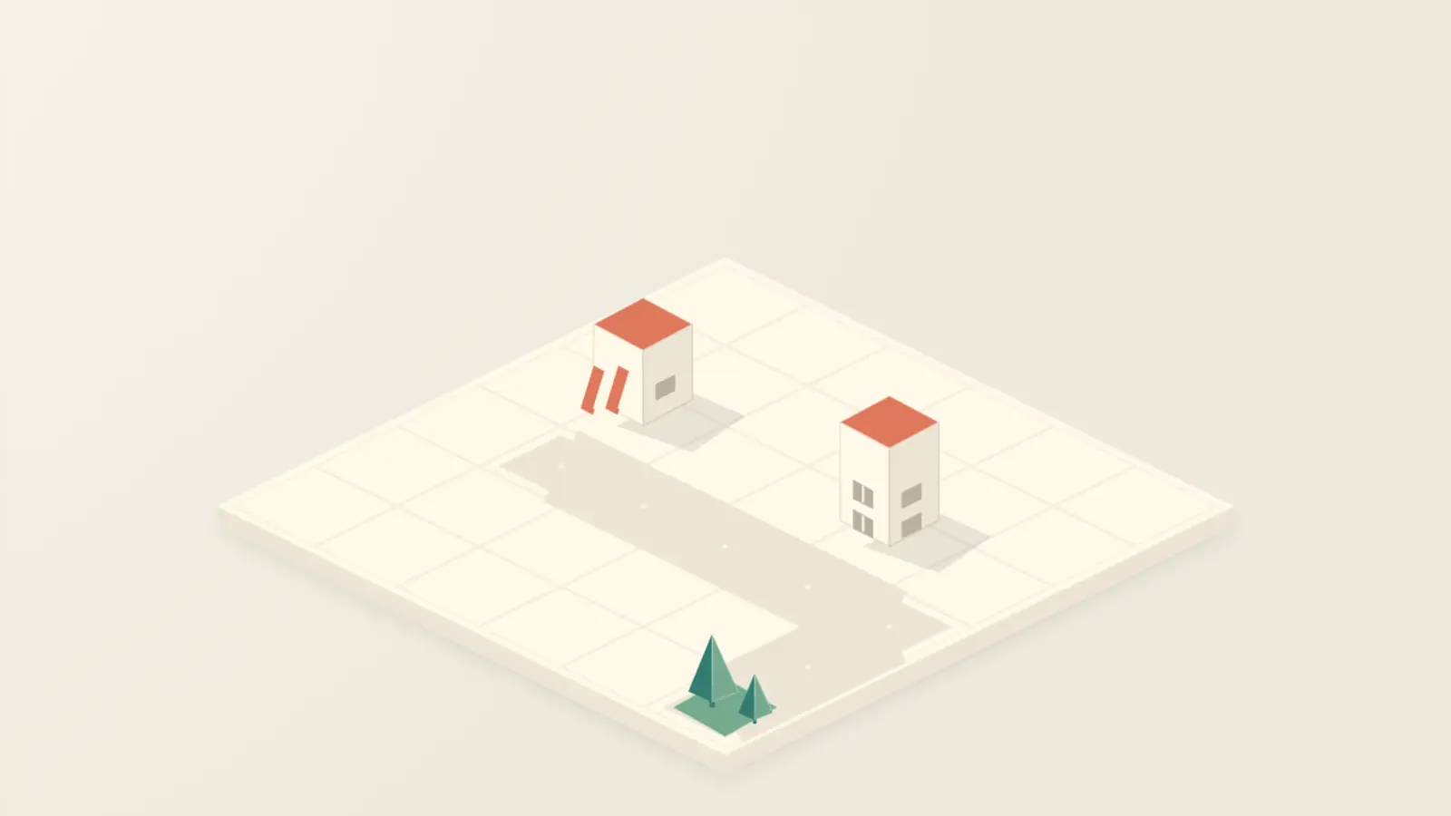 Paper City: two white buildings with red roofs beside a grey road and two green trees on an isometric cream grid