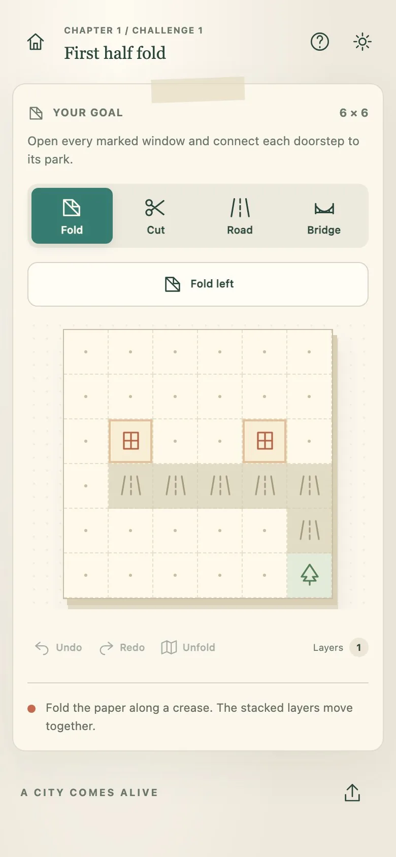 Paper City on a phone screen, with the workbench and the town stacked in one column