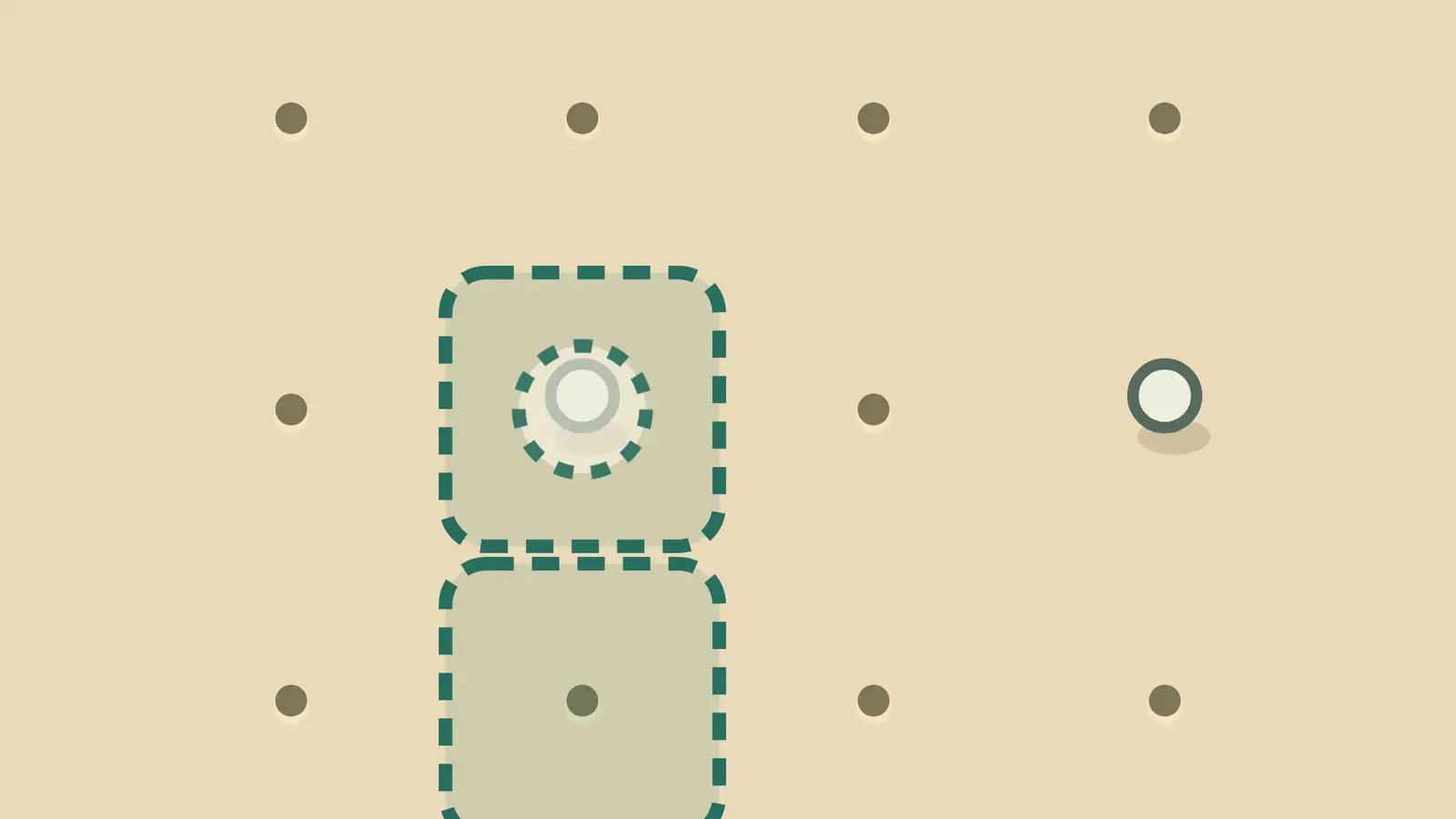 Pegboard Perfect: a beige board with evenly spaced holes, green dashed outlines and two pale rings