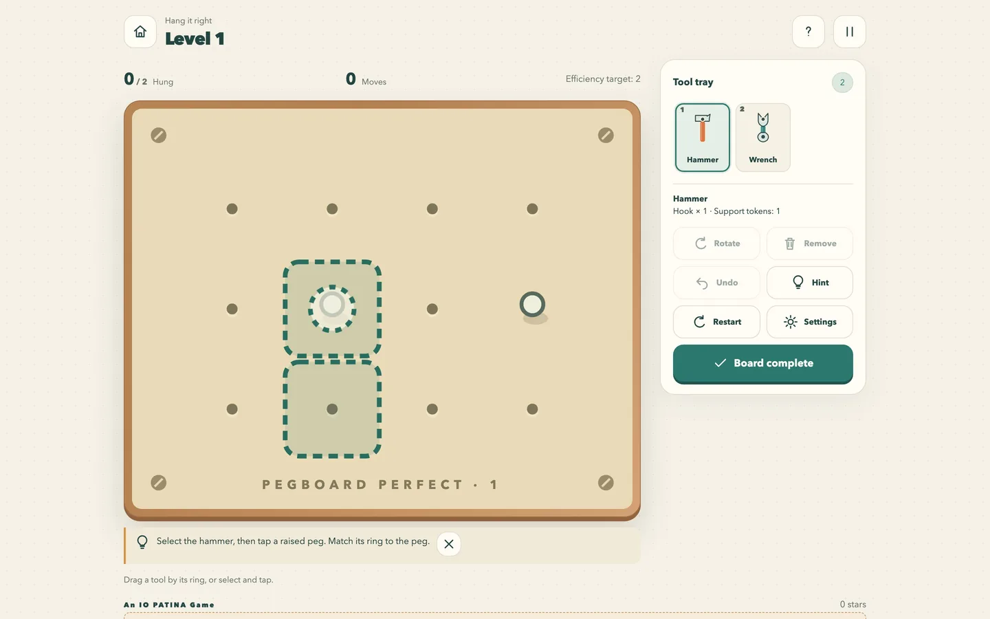 The pegboard on a desktop screen, showing the hung tools, the tool tray and the move counter