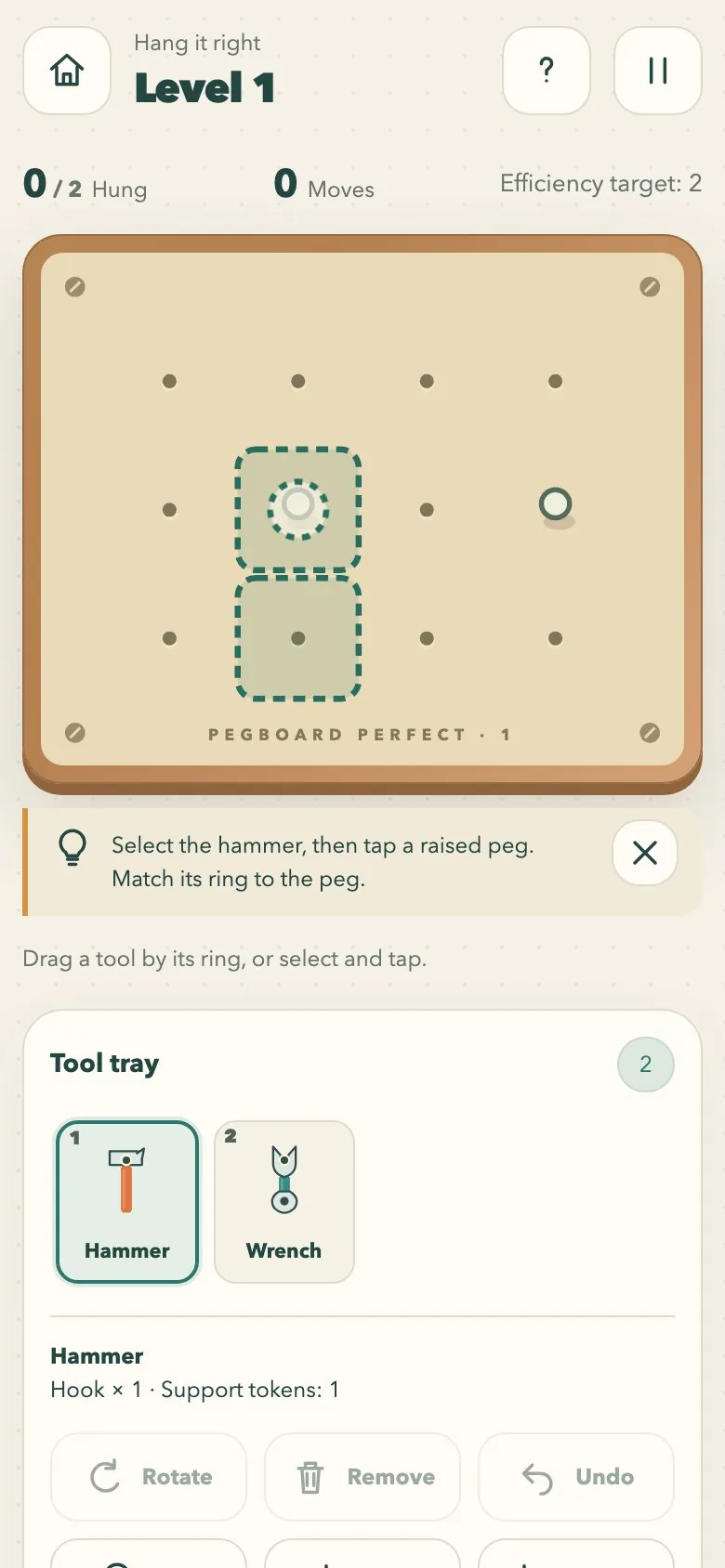 Pegboard Perfect on a phone screen, with the board and the tool tray stacked in one column