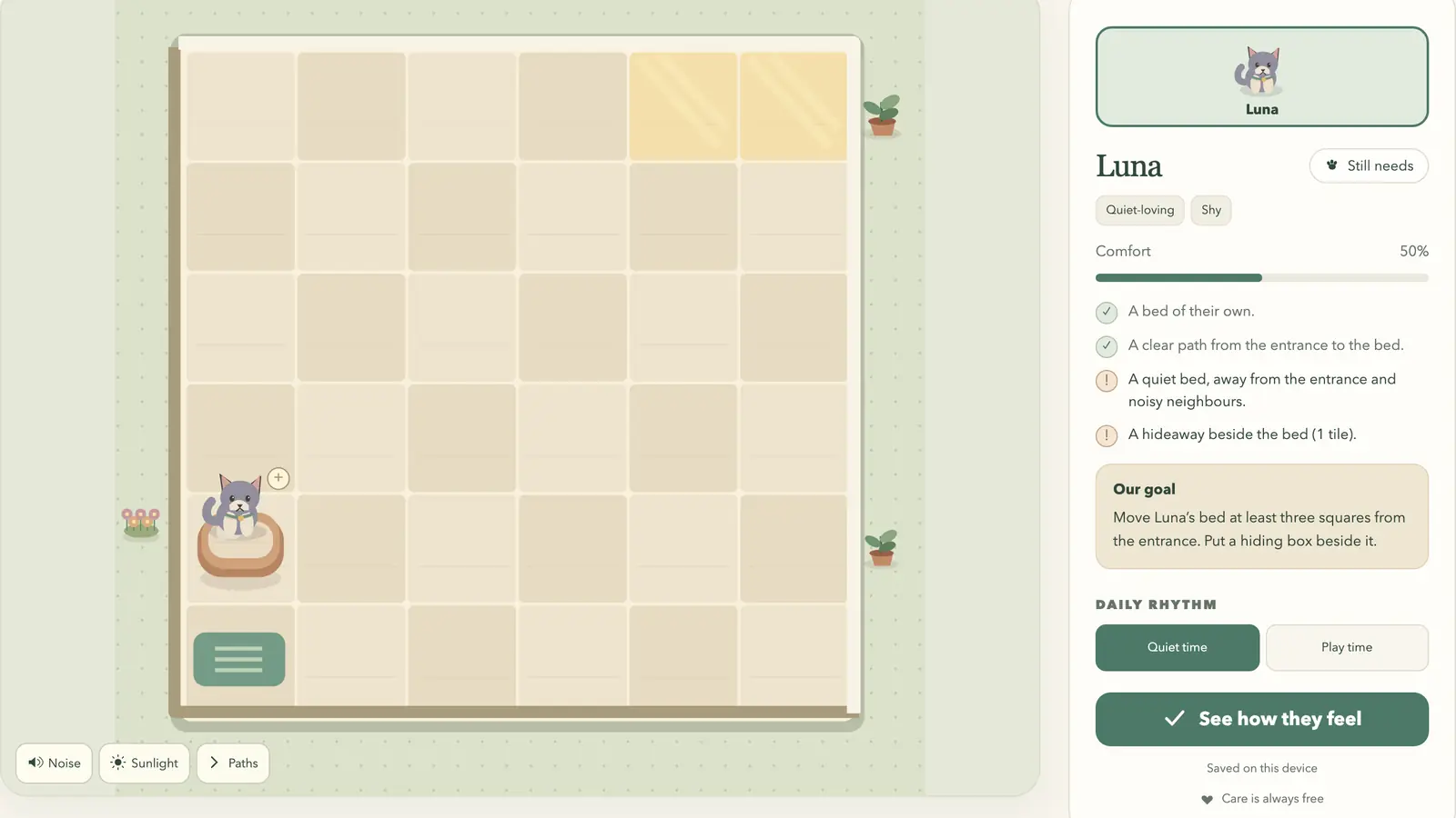Pet Shelter Architect: a cream tiled grid with a cat in a bed and a green mat near the lower left corner