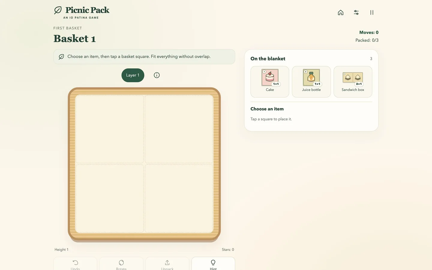 The first-level board on a desktop screen, showing a basket grid and items to pack