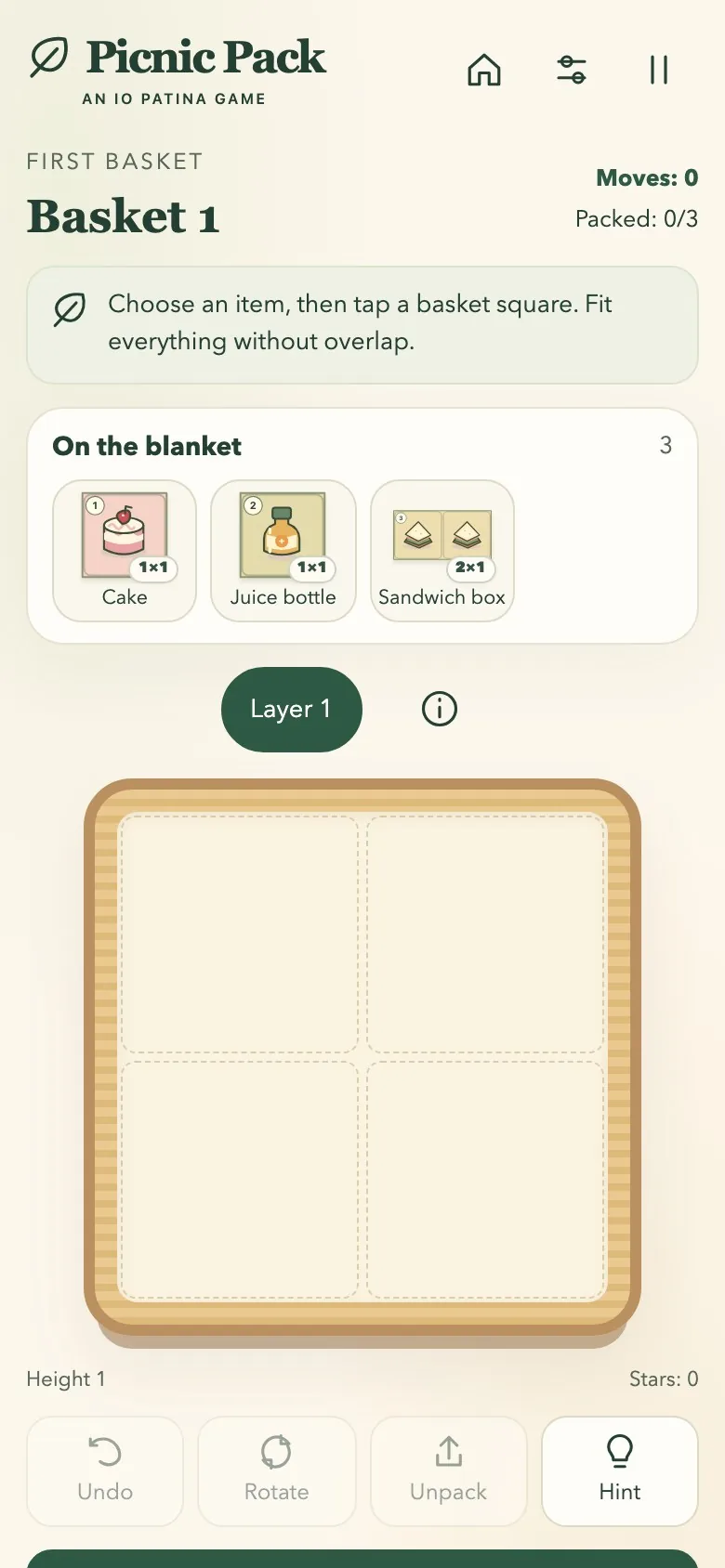 Picnic Pack on a phone screen, with the board and controls stacked in one column