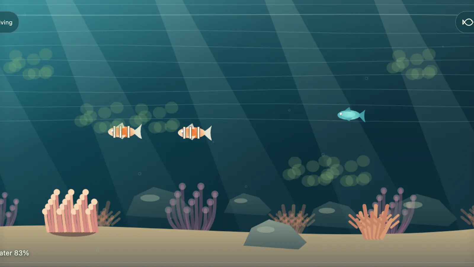 Pocket Aquarium: two orange striped fish and a turquoise fish above pink coral, rocks and sand in dark teal water