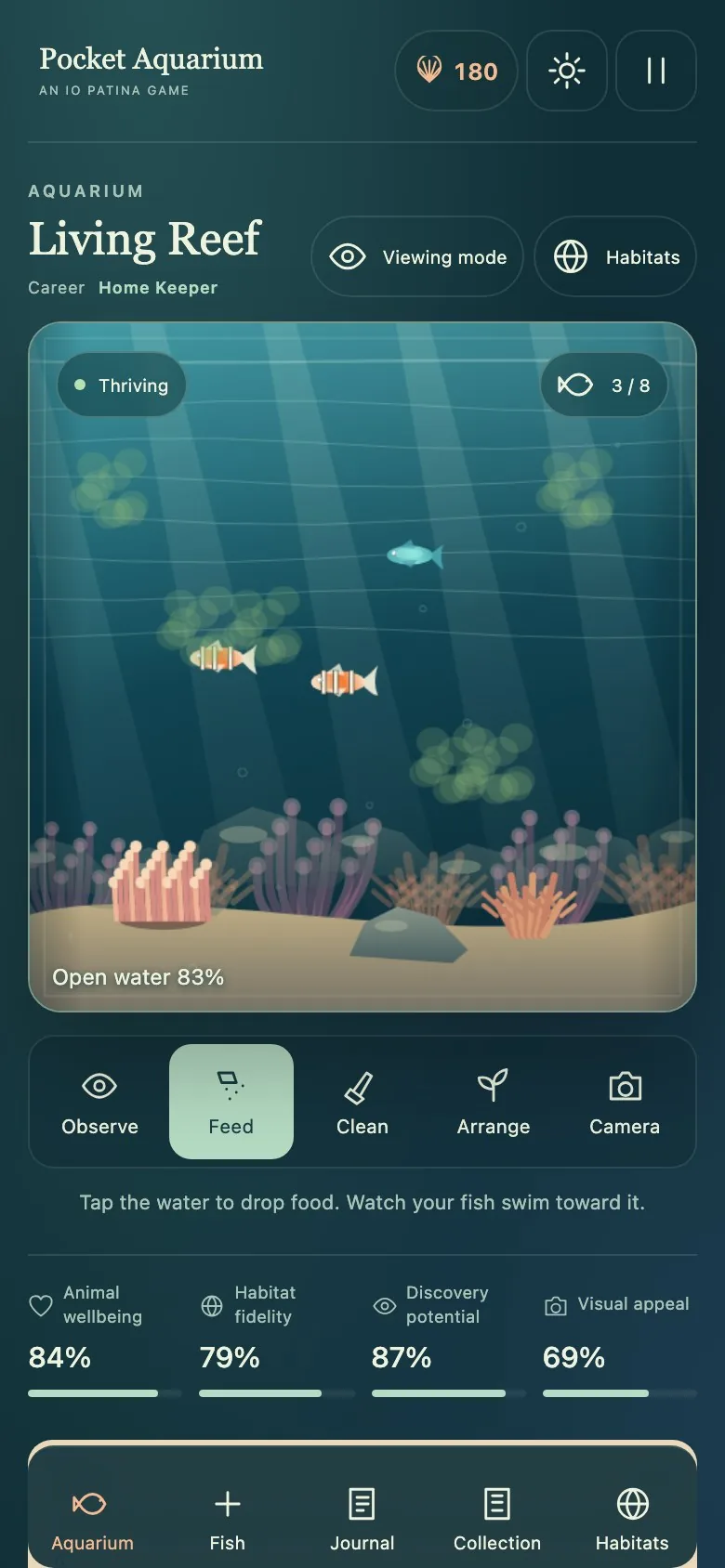Pocket Aquarium on a phone screen, with the reef tank above the feeding and cleaning tools