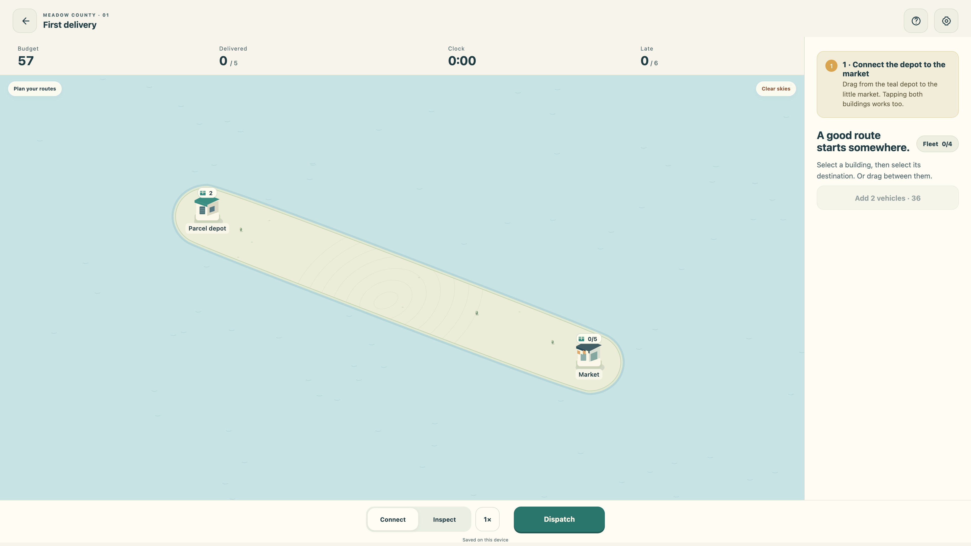 Pocket Logistics gameplay: an island map with roads, ferry lanes and delivery trucks