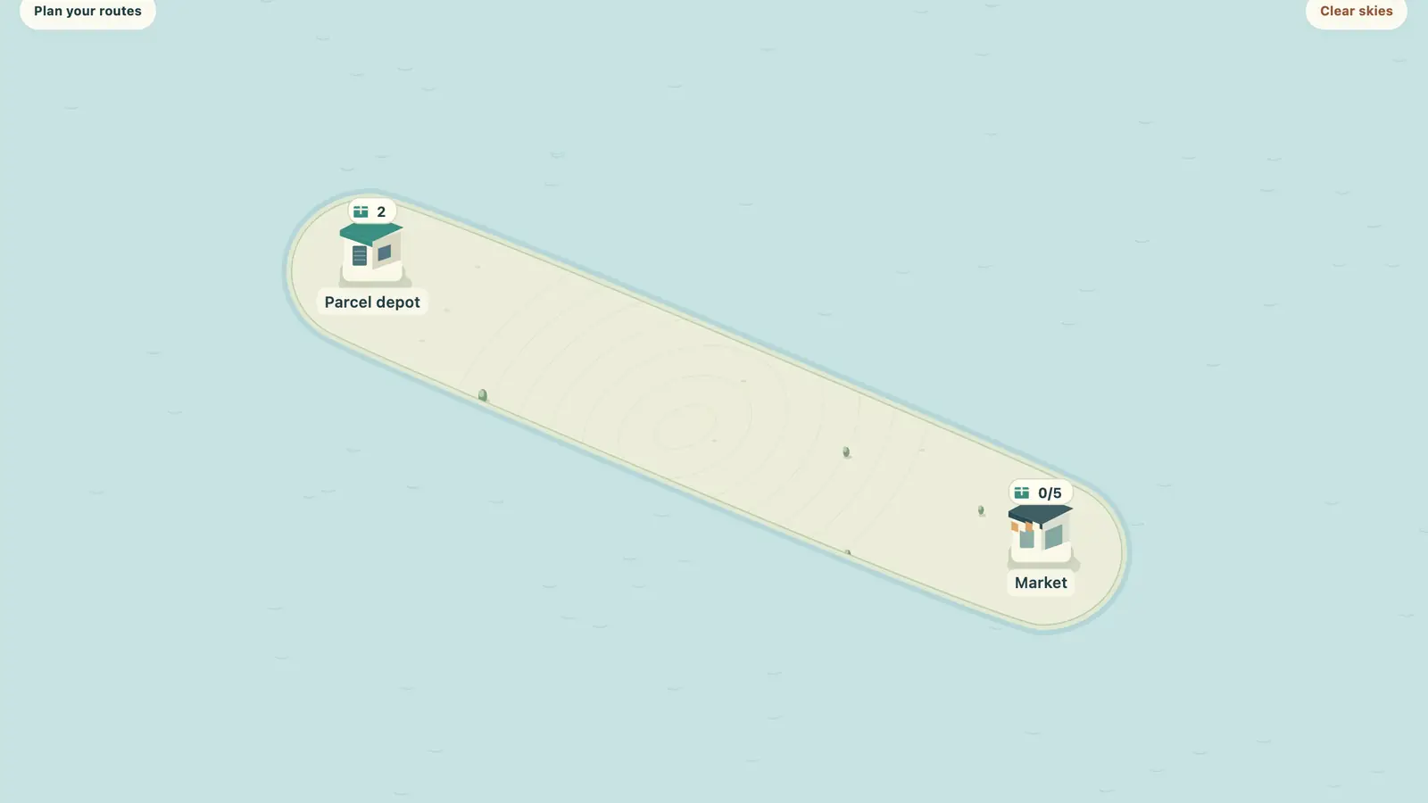 Pocket Logistics: a long narrow island runs diagonally across pale blue water, with a depot and market at opposite ends