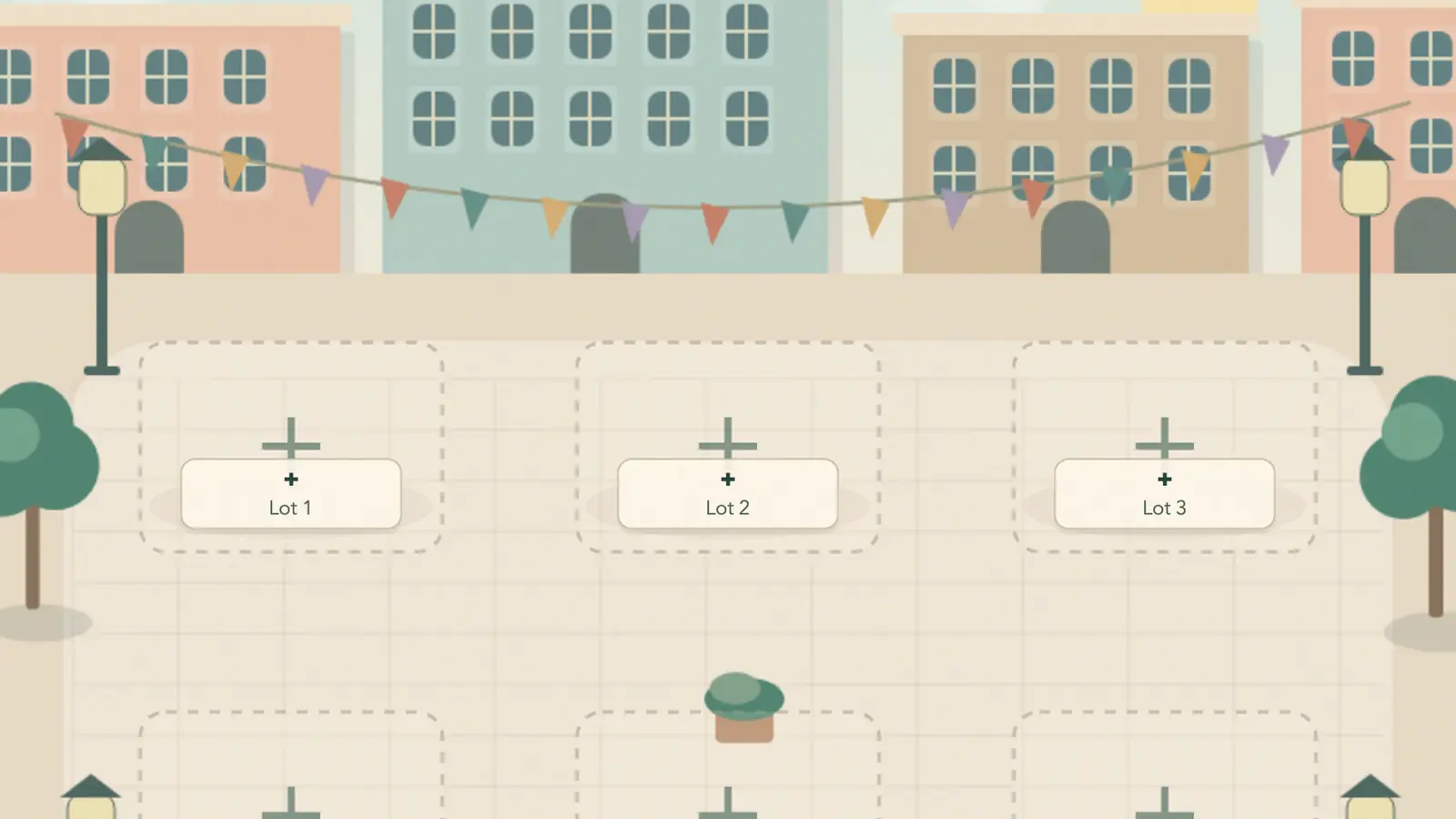 Pop-Up Empire: empty dashed lots on a tiled plaza bordered by pastel buildings, bunting, trees and street lamps