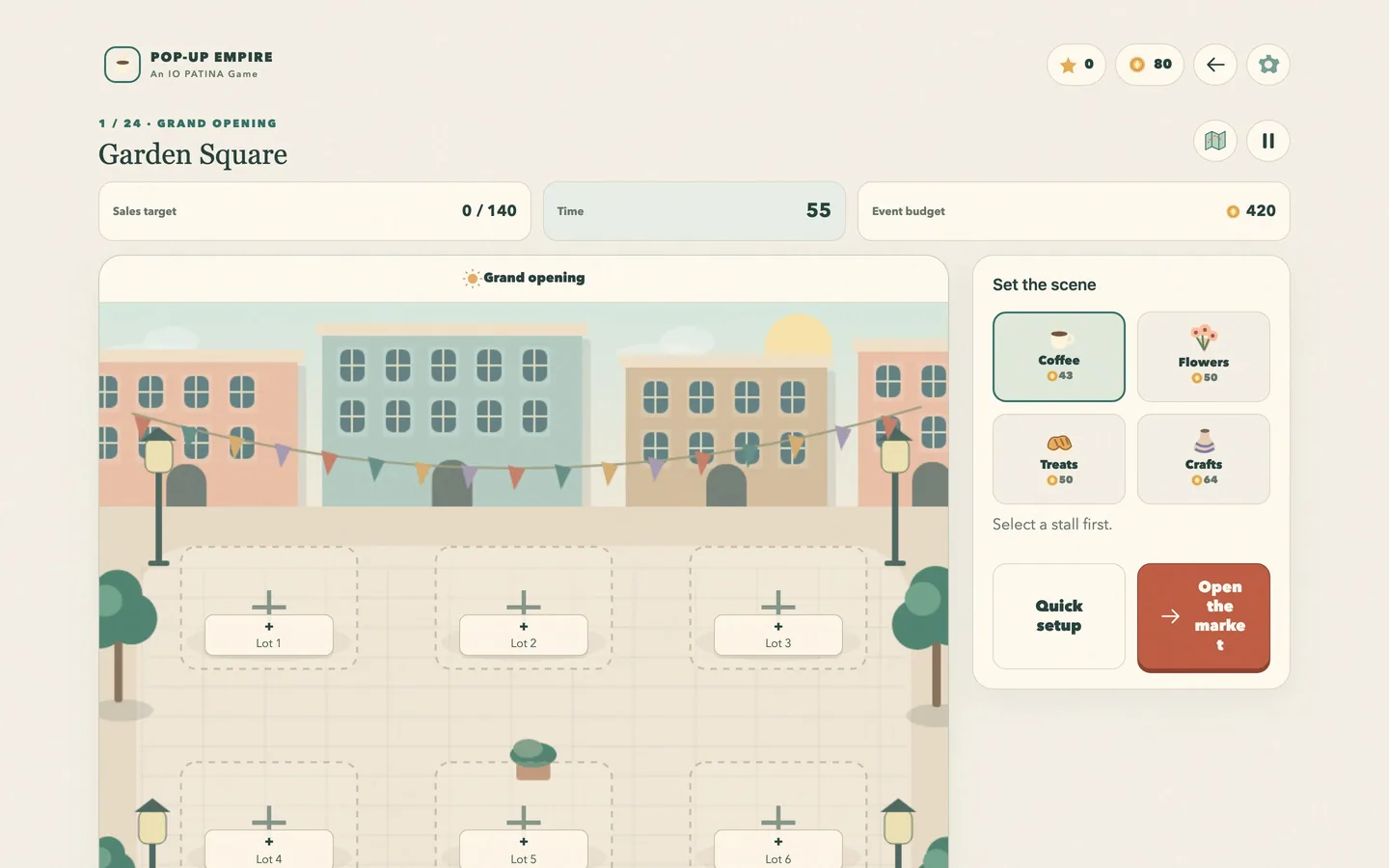 The market board on a desktop screen, with stalls placed on the lots and guests arriving