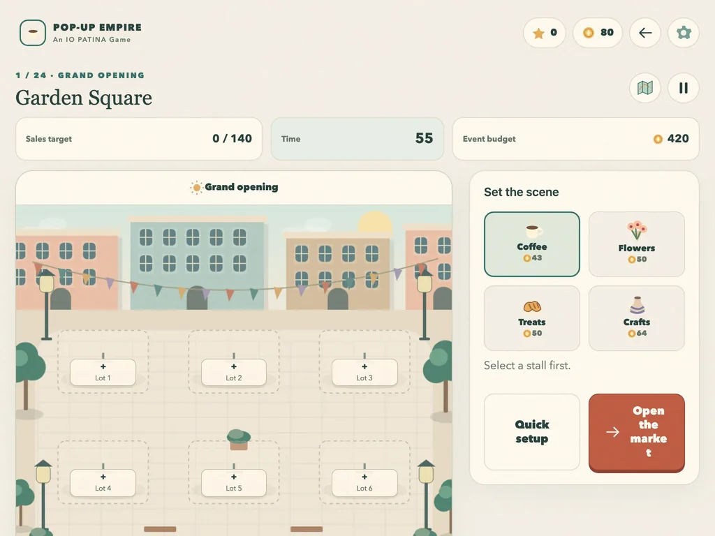 Pop-Up Empire on a tablet-width screen, with the market board and the stall details side by side