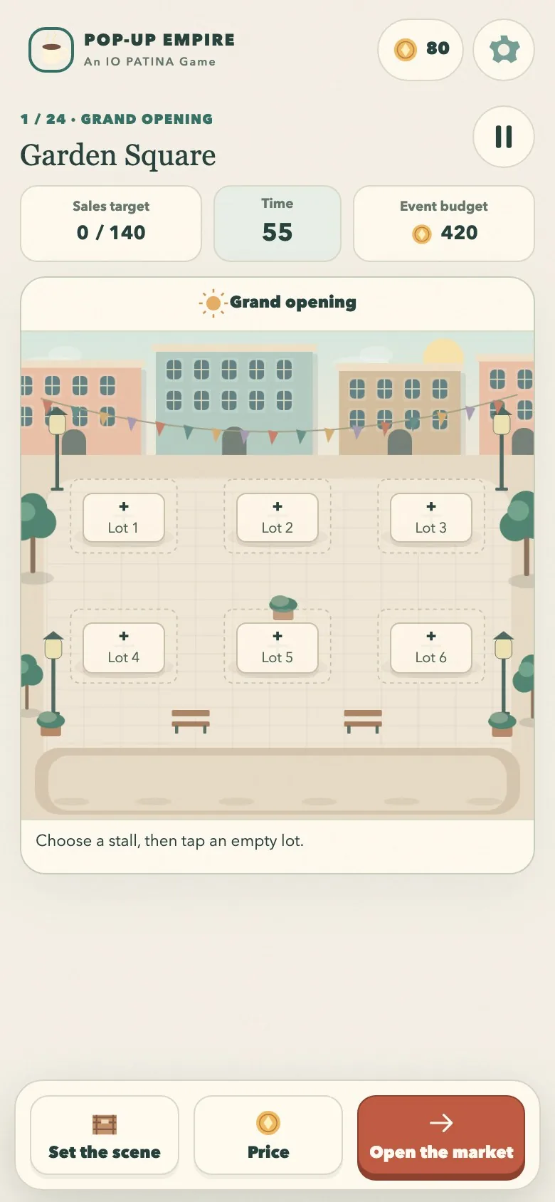 Pop-Up Empire on a phone screen, with the market board above a three-button action dock