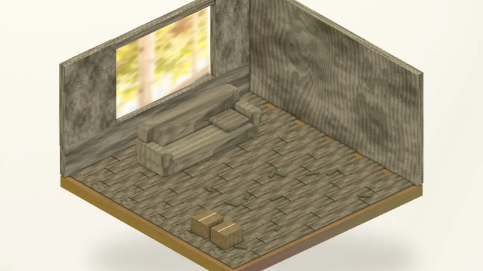 Renovation Rescue: an isometric room with stained grey walls, a worn sofa, cracked floorboards and two cardboard boxes