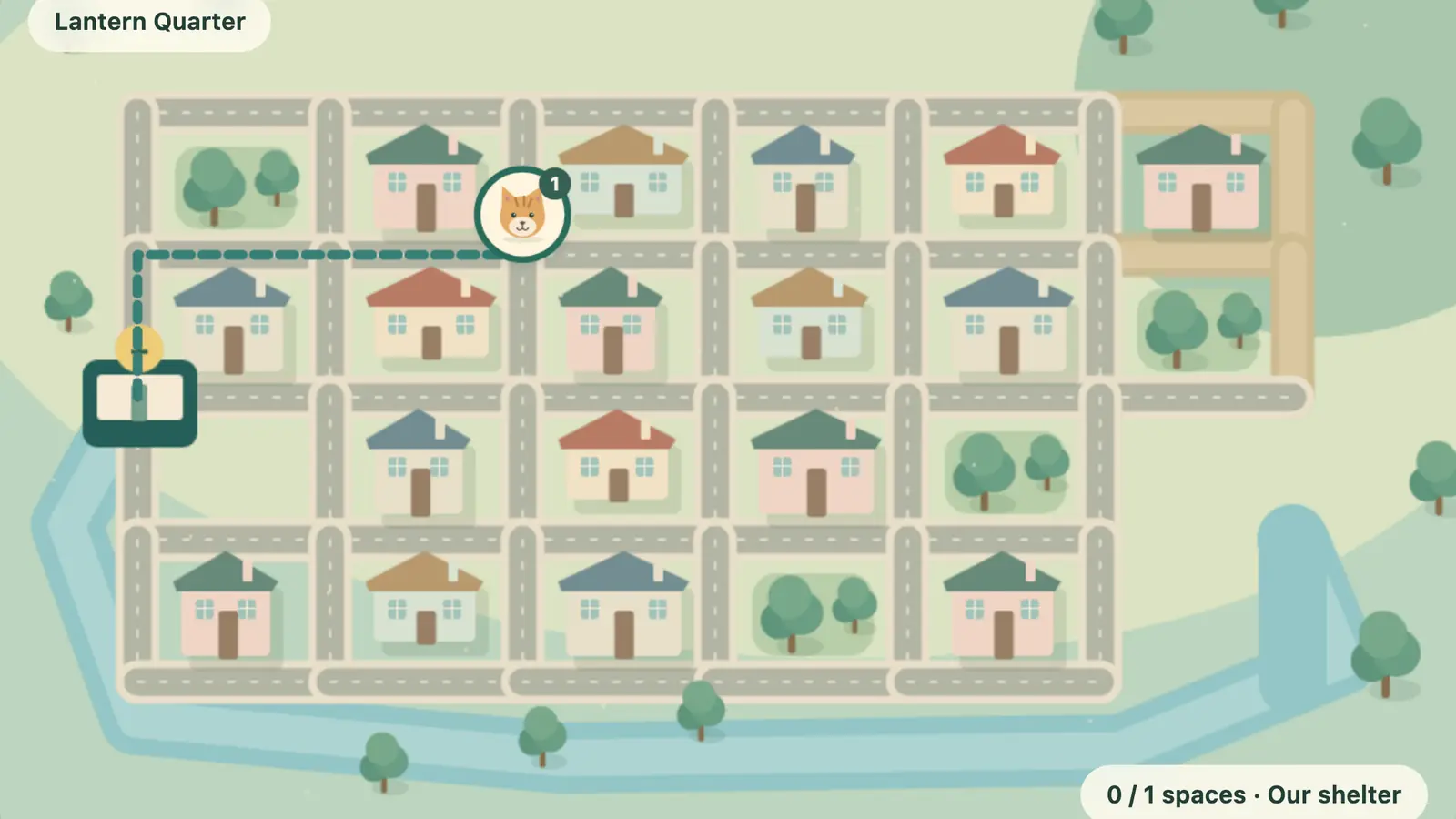 Rescue Dispatch: a dashed green route links a carrier to a cat marker on a grid of streets, pastel houses and trees