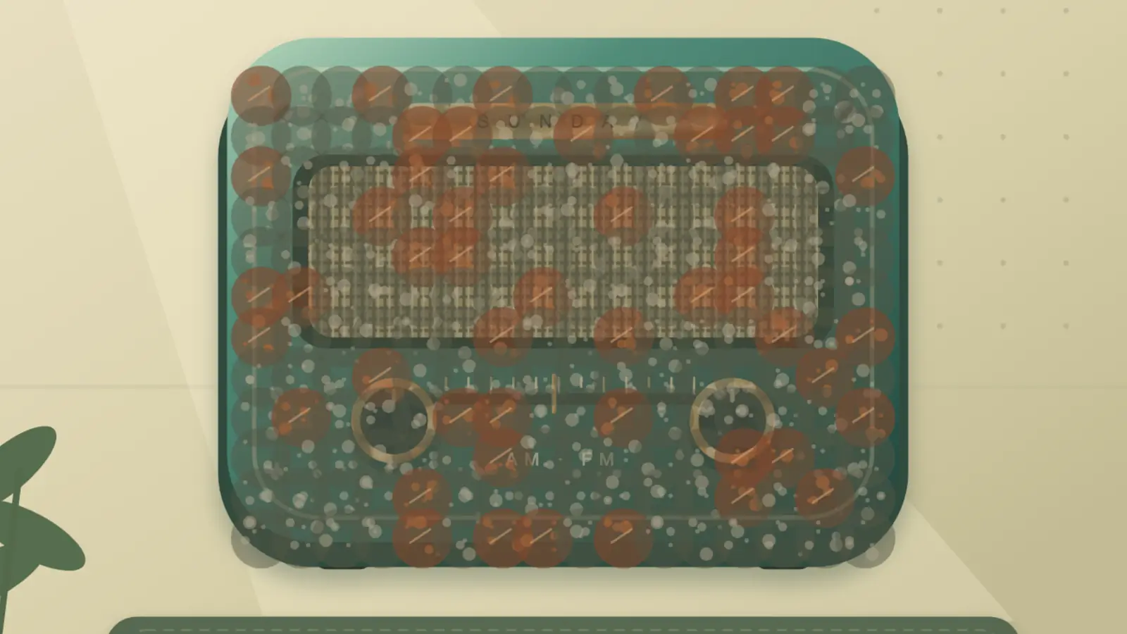 Restore & Resell: a teal radio with two round knobs and a mesh speaker grille covered in rust patches and pale specks.