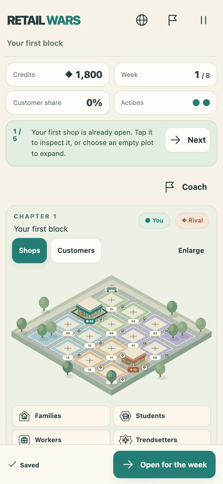 Retail Wars on a phone screen, with the map and planning panel stacked in one column