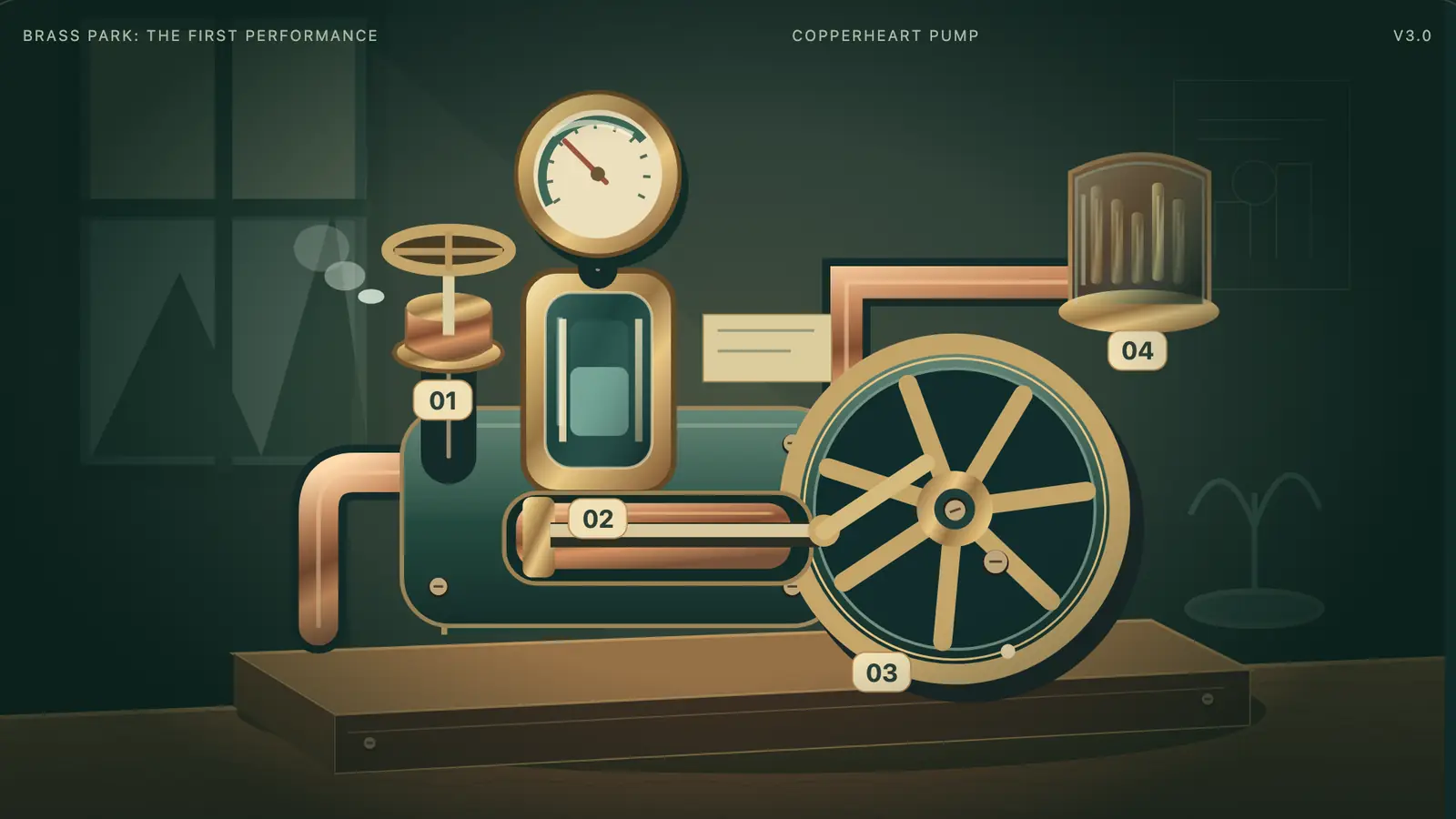 Rhythm Repair: a brass machine with pipes, a pressure gauge, a large spoked wheel and four numbered parts.