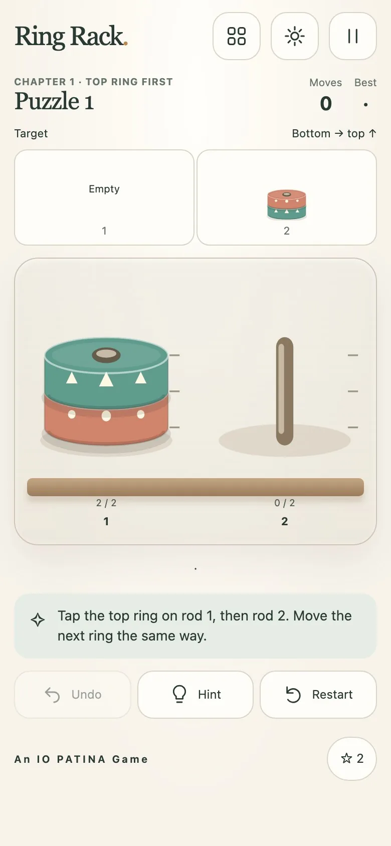 Ring Rack on a phone screen, with the board and controls stacked in one column