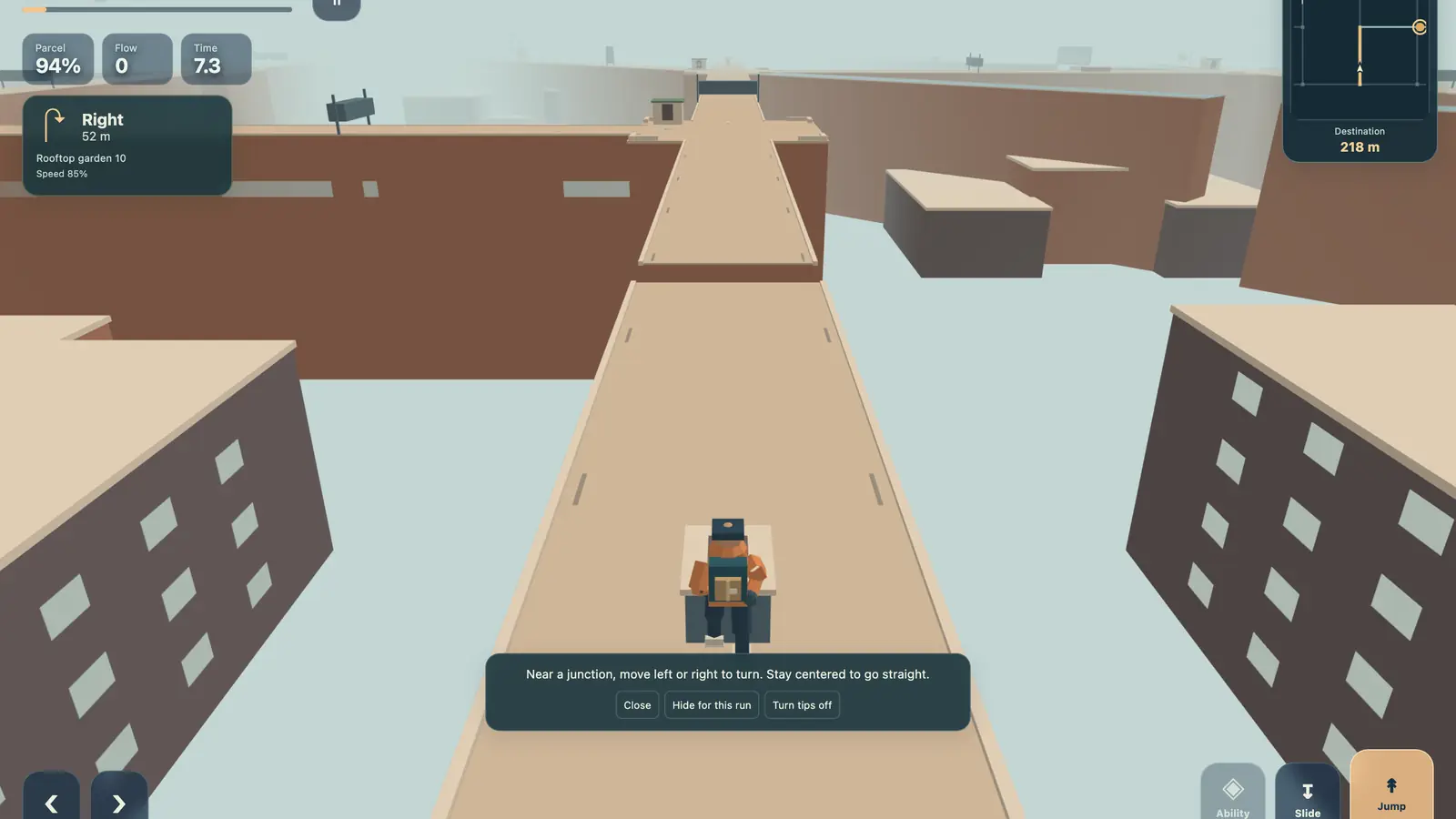 Rooftop Relay: a small runner faces a narrow tan rooftop path with gaps between blocky buildings.